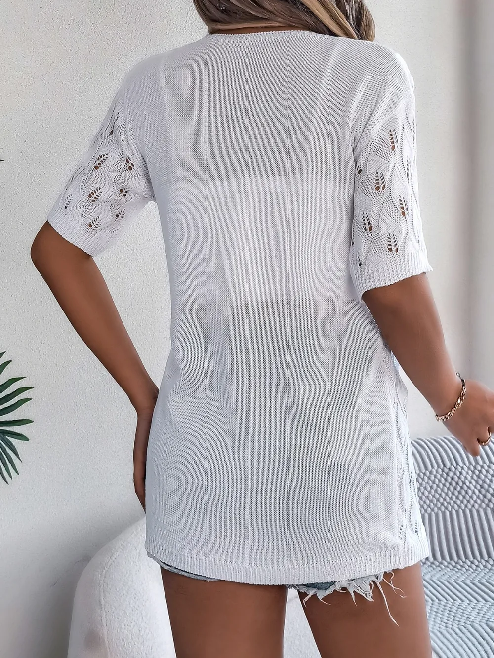 Openwork Open Front Short Sleeve Cardigan, image 4