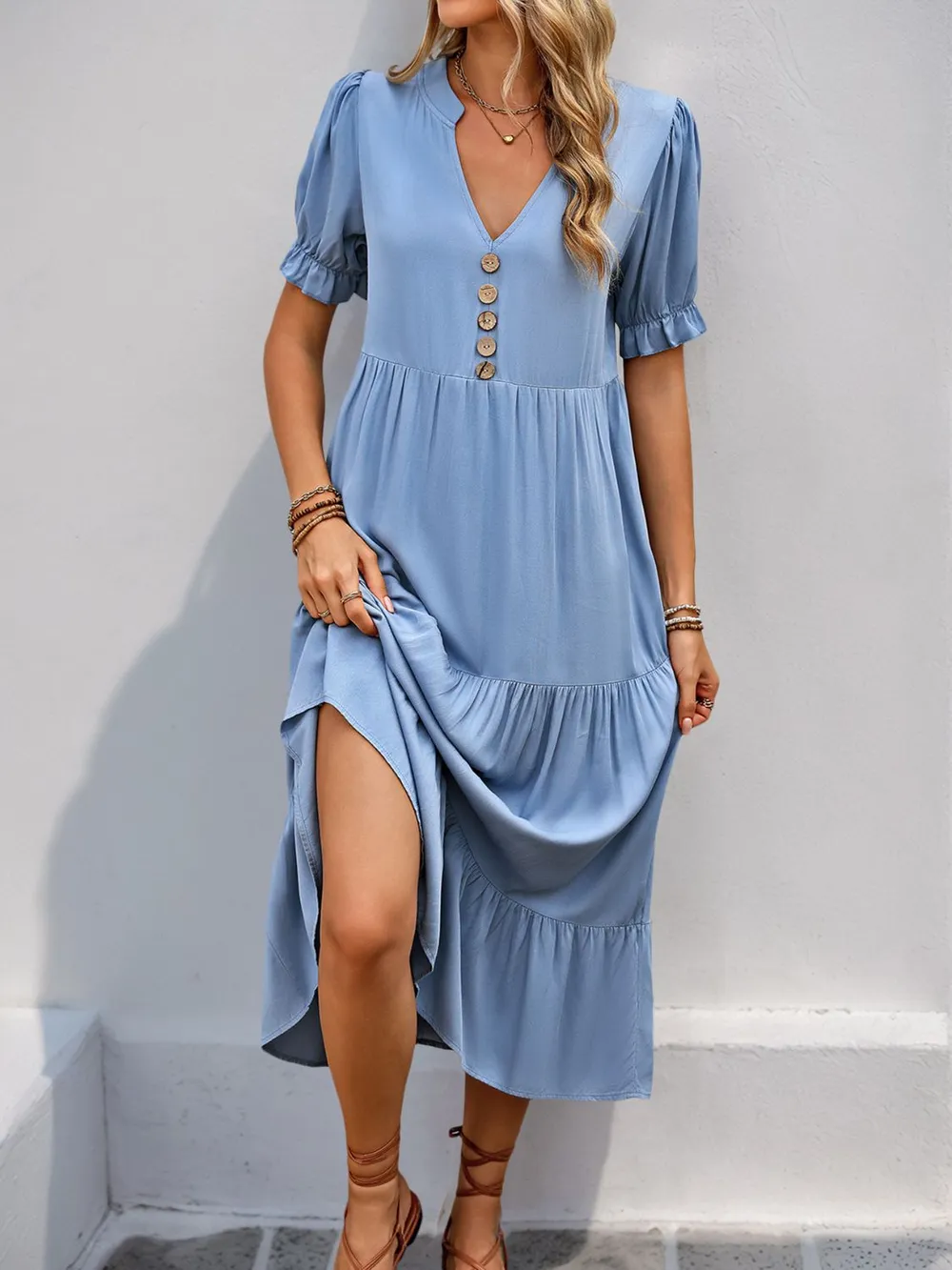 Decorative Button Notched Short Sleeve Midi Dress, image 3