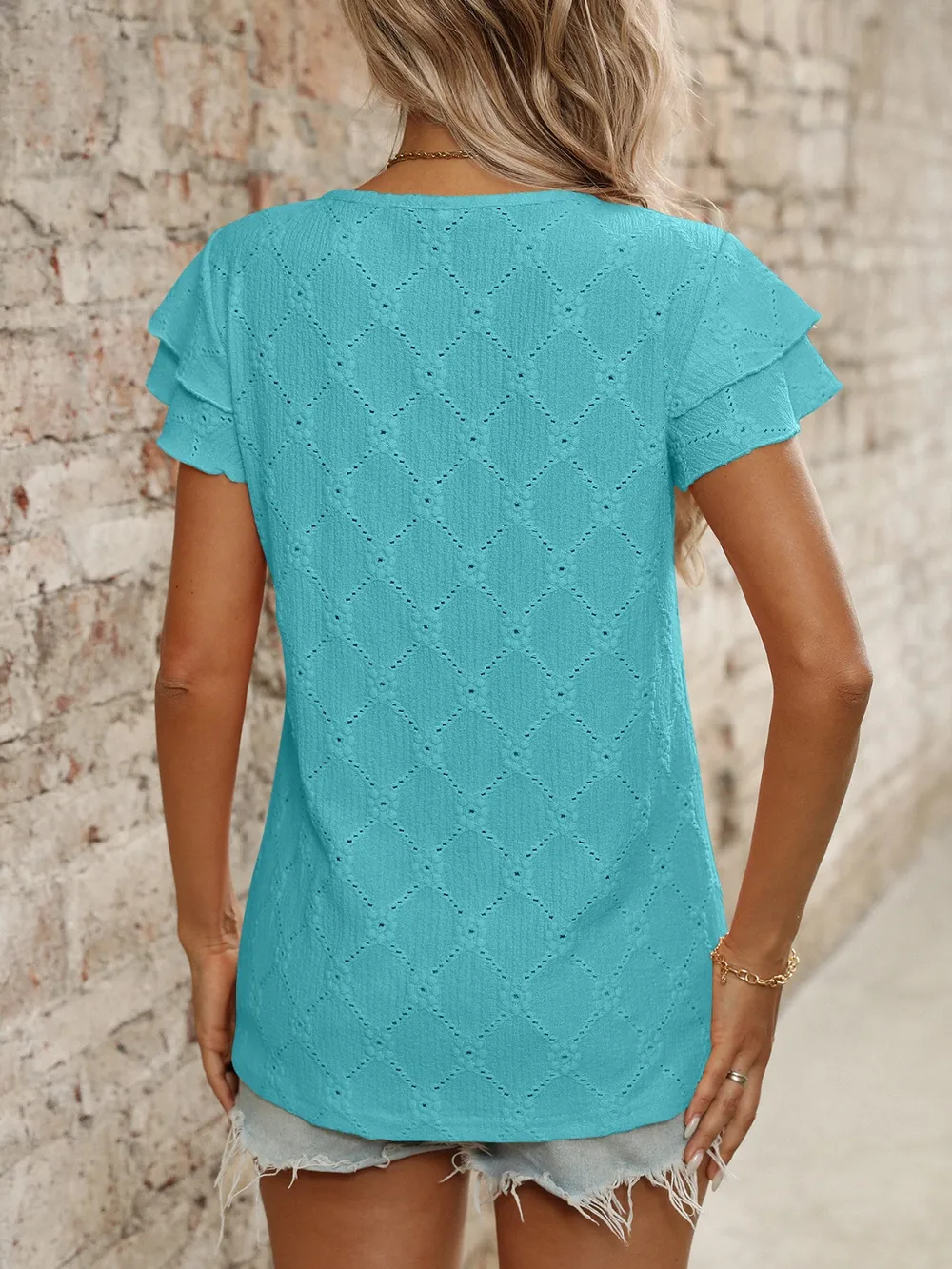 Eyelet Round Neck Double Layered Ruffled Short Sleeve Top, image 9