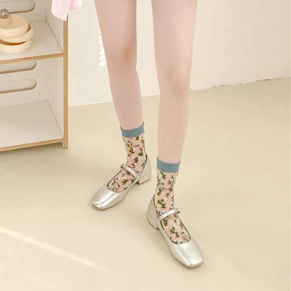 Floral Sheer Crew Socks 5 Pair Set, image 15