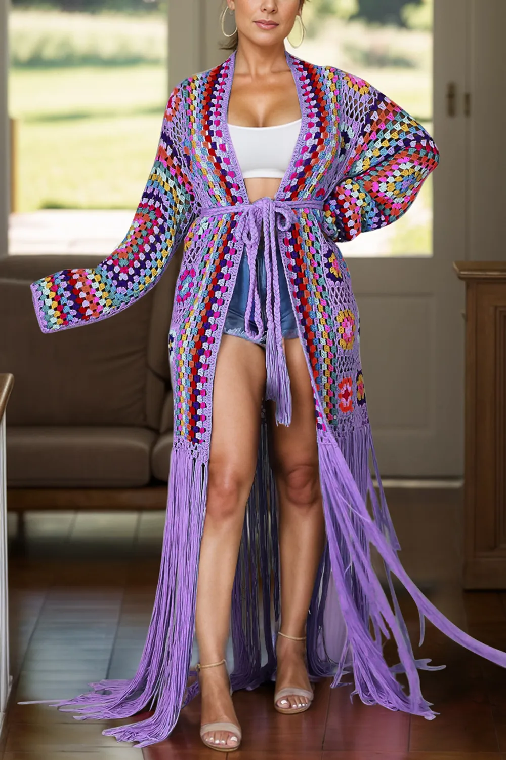 Fringe Tied Long Sleeve Cardigan, image 2