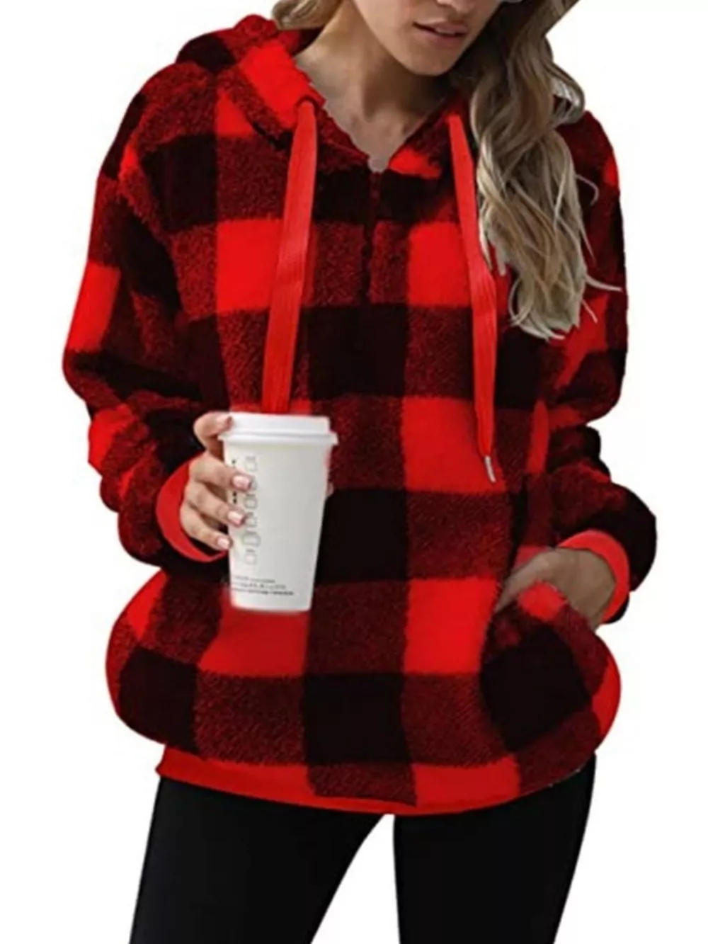 Full Size Plaid Sherpa Drawstring Hoodie Plus Size, image 19