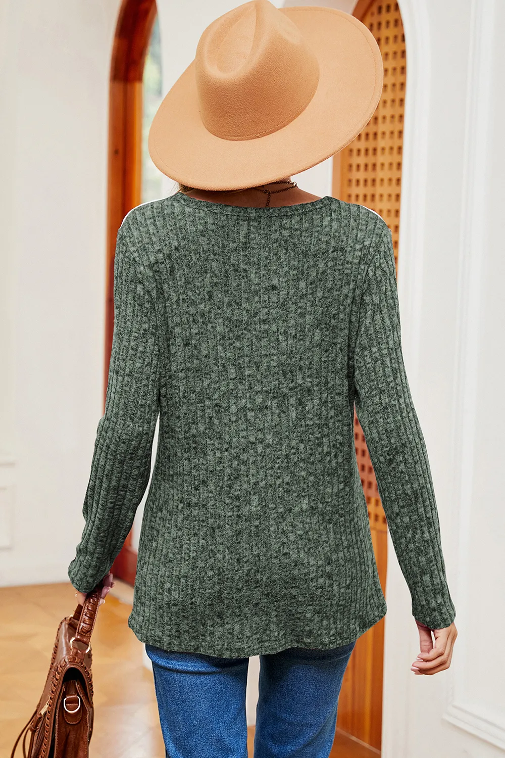 Eyelet Ribbed Round Neck Long Sleeve T-Shirt, image 3