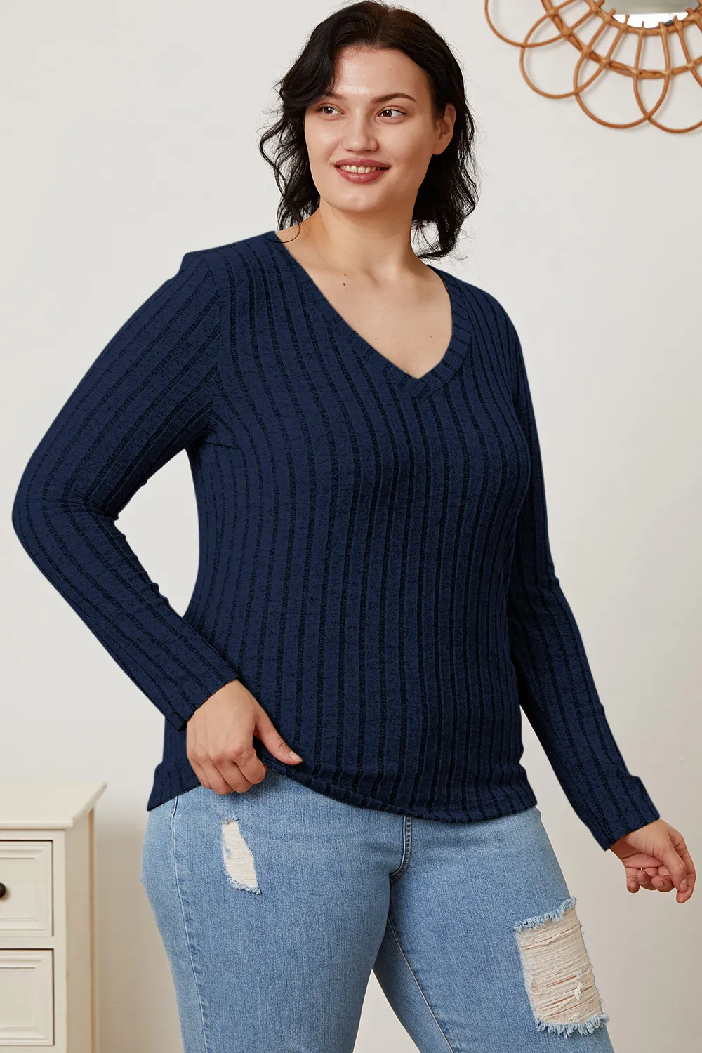 Full Size Ribbed V-Neck Long Sleeve T-Shirt, image 6