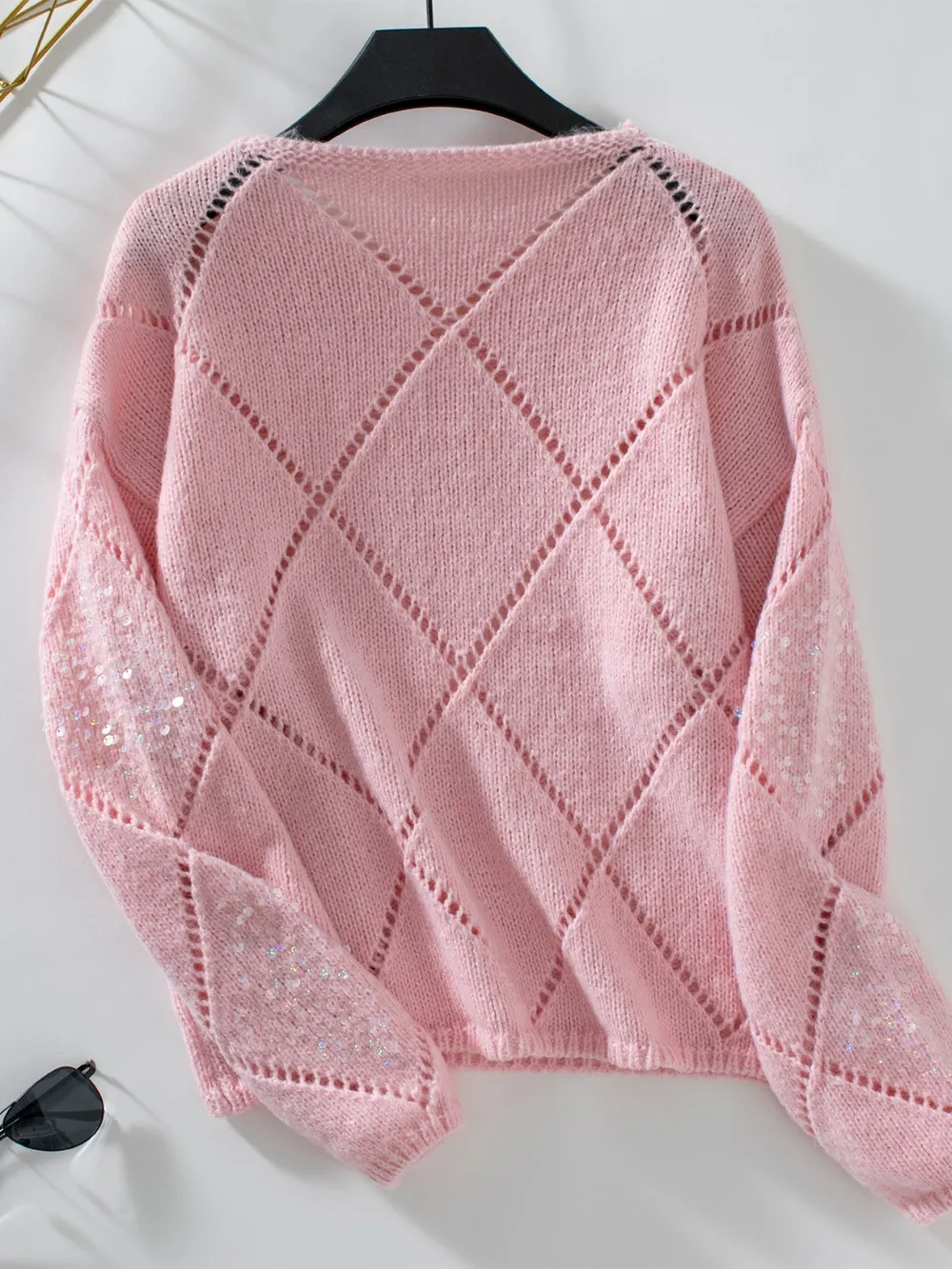 Openwork Round Neck Long Sleeve Knit Top, image 2