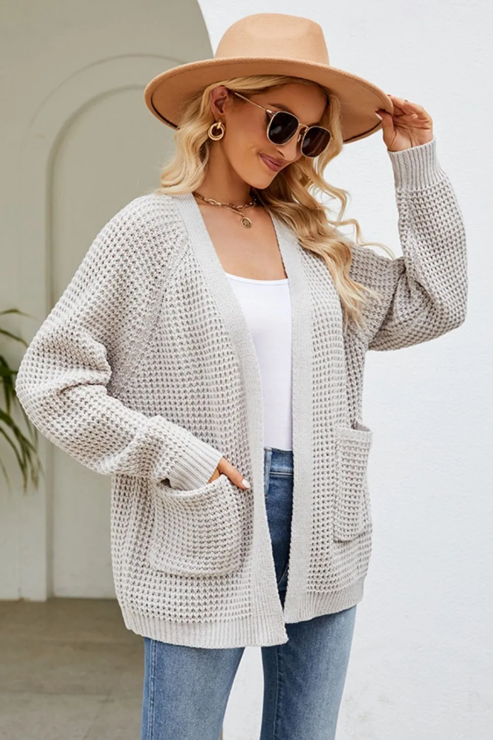 Open Front Raglan Sleeve Pocketed Cardigan, image 6