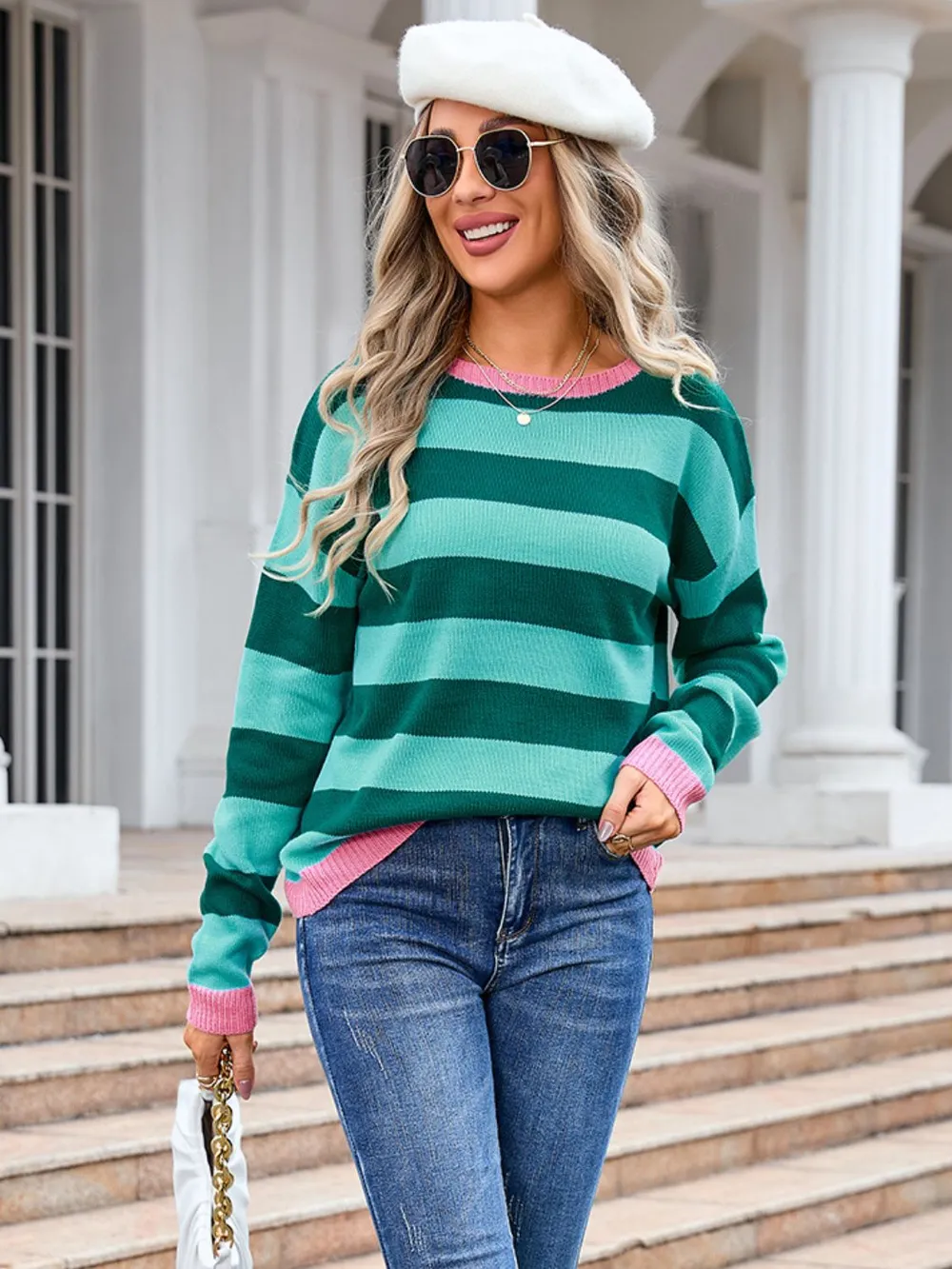Striped Round Neck Dropped Shoulder Sweater, image 15