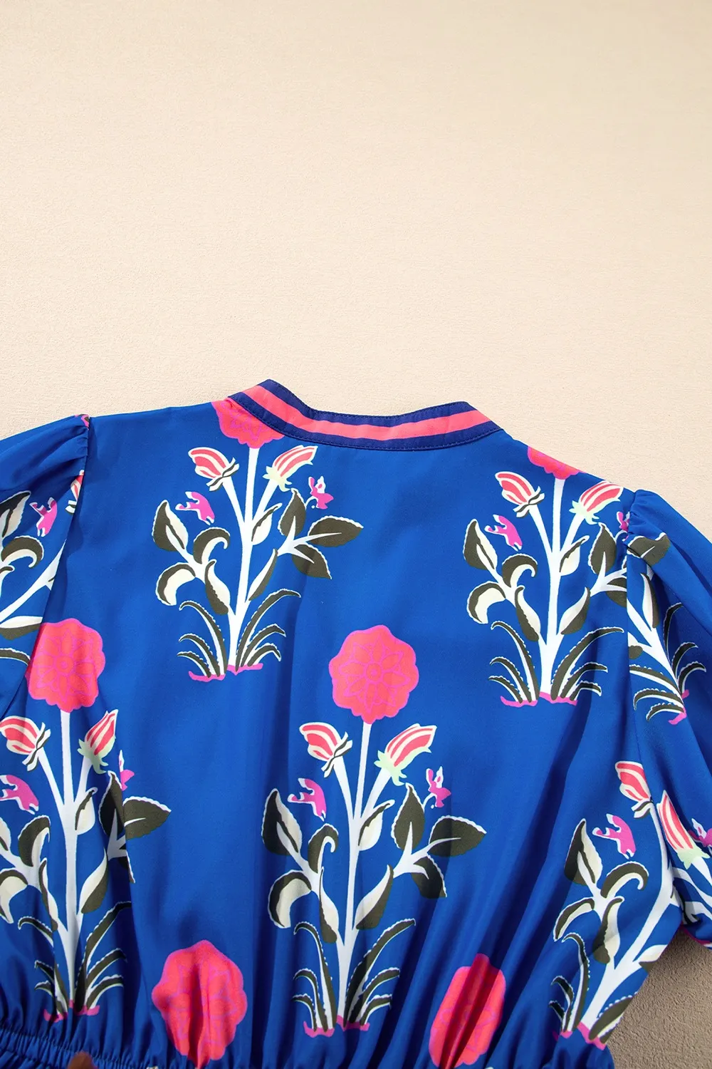 Floral Puff Short Sleeve Notched High Waist Dress, image 5
