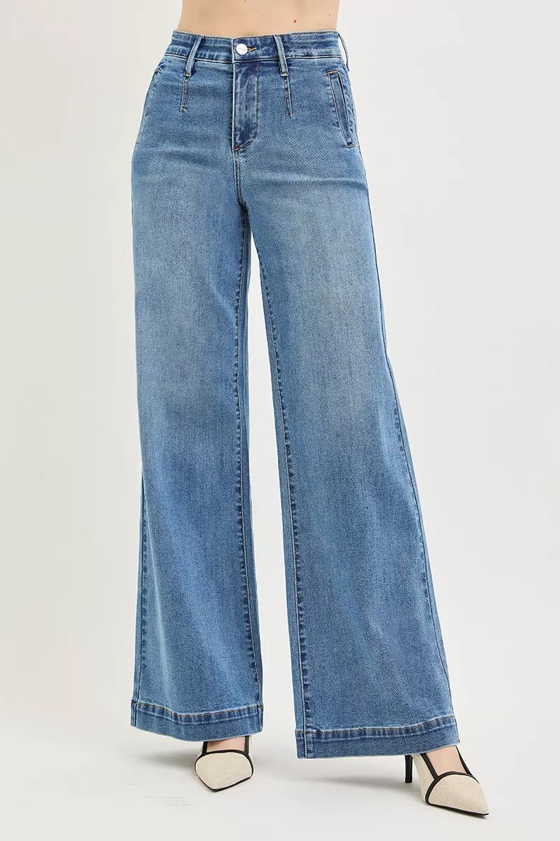 Tummy Control Elastic Band High Rise Wide Jeans, image 2