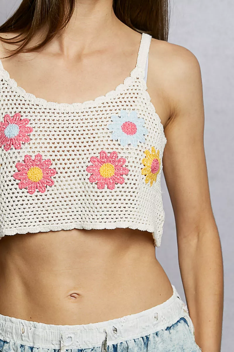 U-Neck Cropped Crochet Cami with Floral Embroidery Detail, image 2