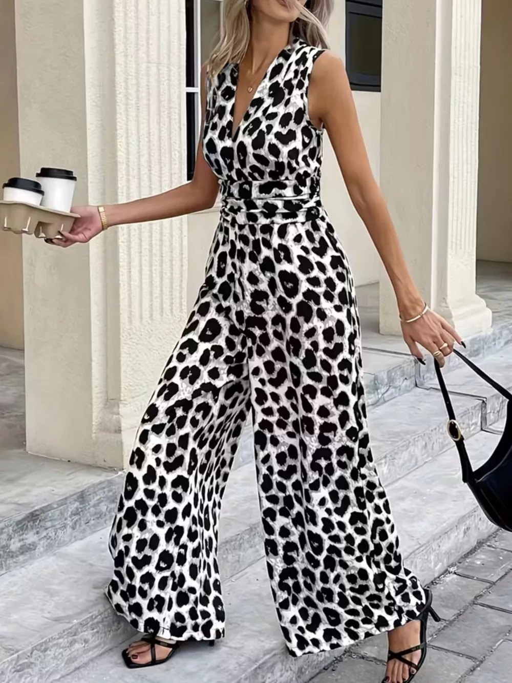 Sleeveless V-Neck Leopard Print Wide Leg Jumpsuit, image 5