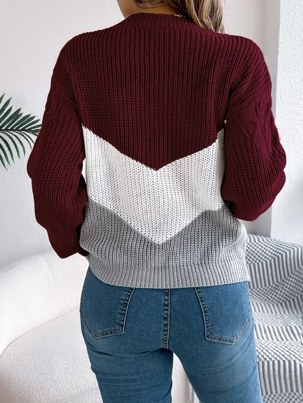 Cable-Knit Color Block Round Neck Sweater, image 16