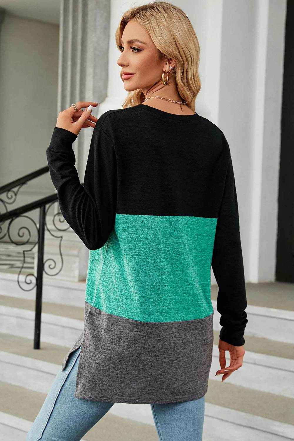 Color Block Round Neck Long Sleeve T-Shirt, image 12