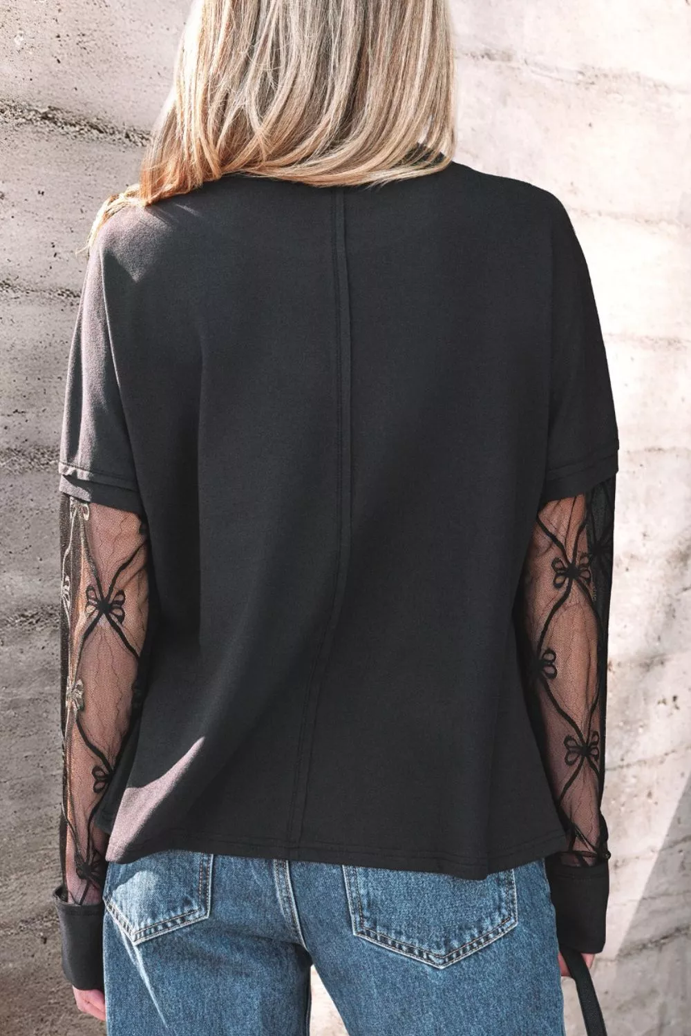 Round Neck Lace Sleeve Relaxed Fit Top, image 6