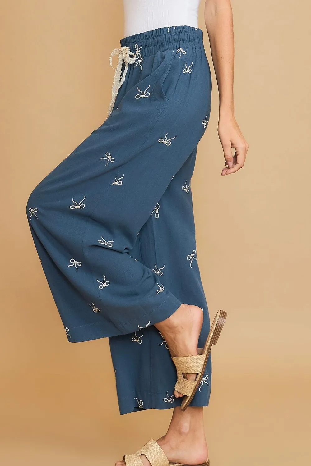 Full Size Lace Drawstring Embroidered Bow Wide Leg Pants Plus Size, image 2