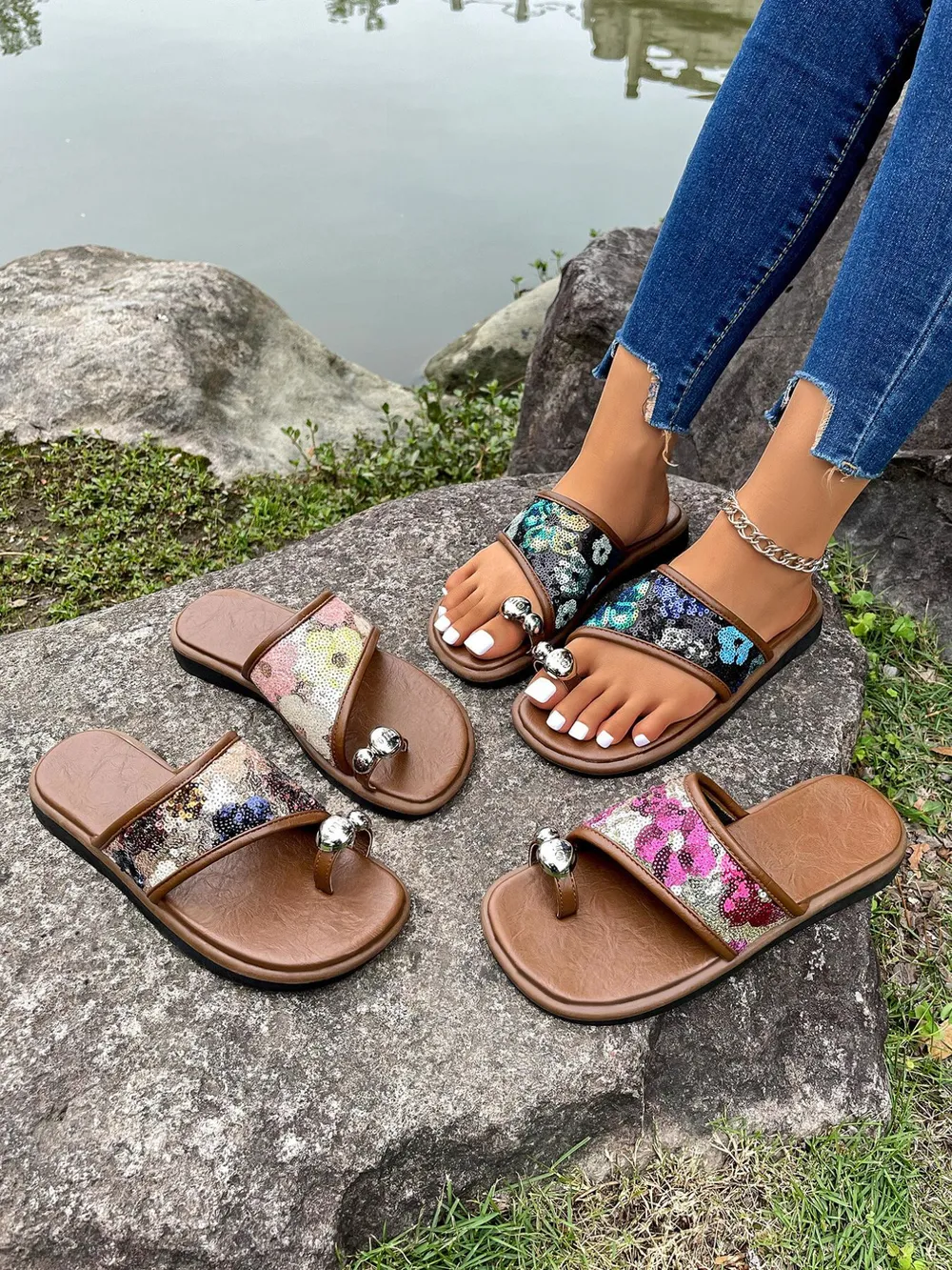 Sequin Toe Loop Flats Sandals, image 2