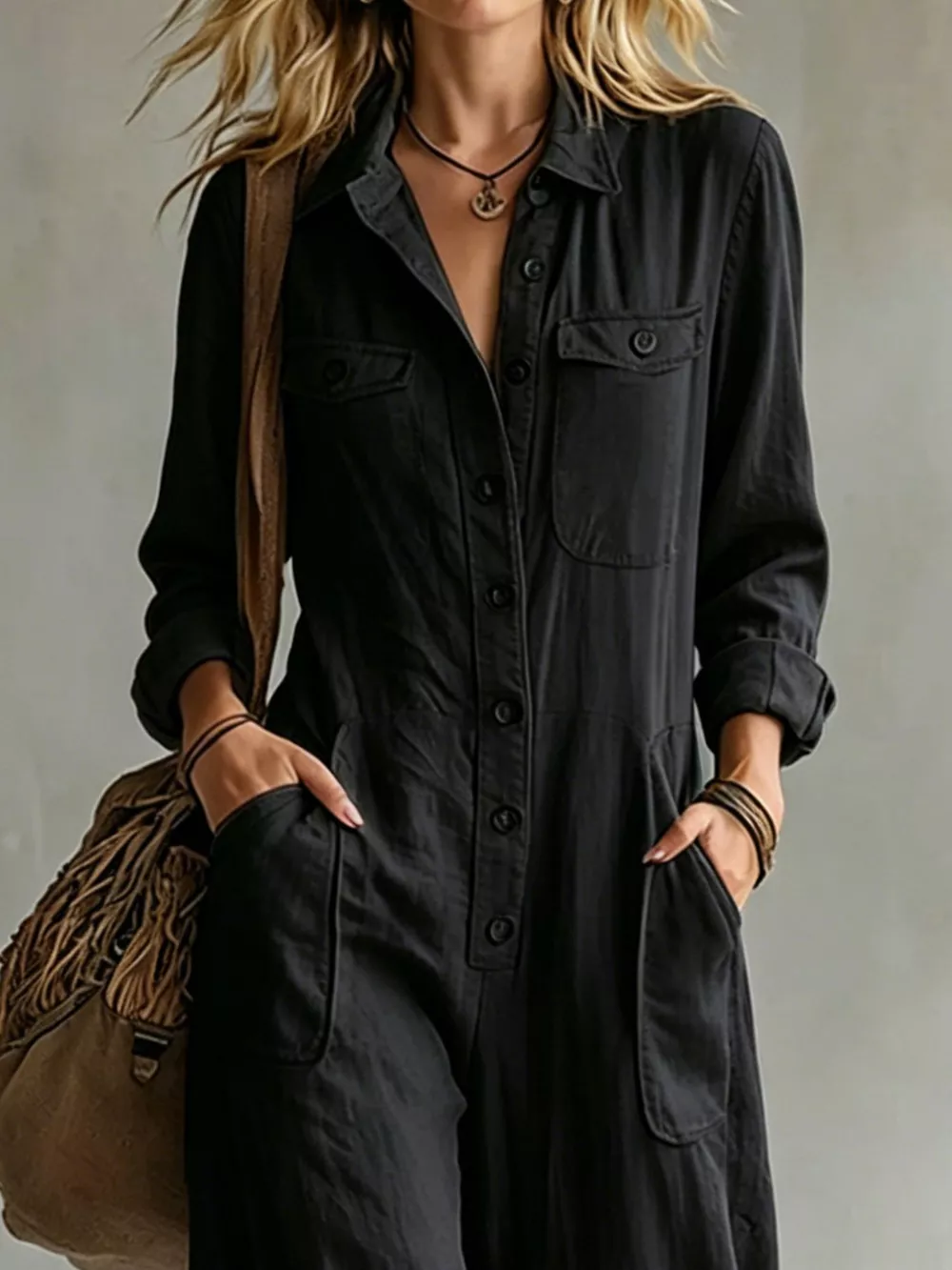Full Size Long Sleeve Button Front Jumpsuit Plus Size, image 5