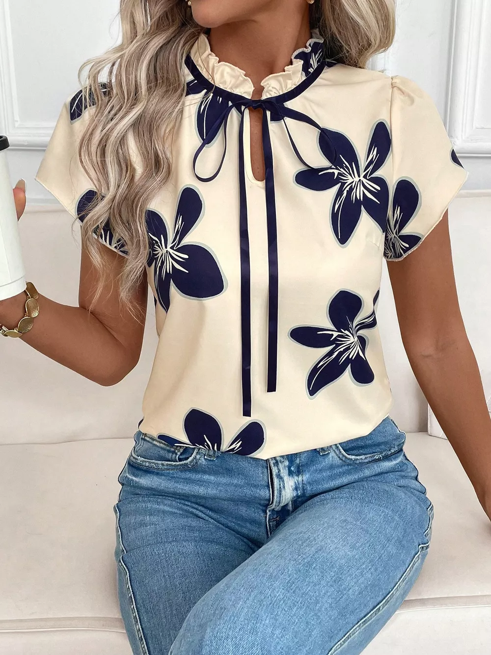 Tie Neck Short Sleeve Blouse, image 4
