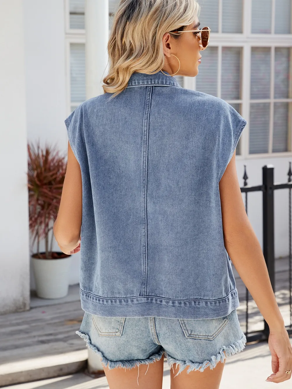 Pocketed Button Up Sleeveless Denim Jacket, image 4