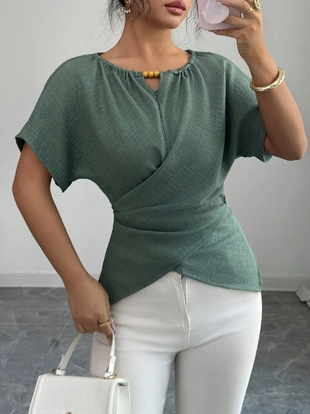 Beaded Neckline Short Sleeve Blouse, image 3