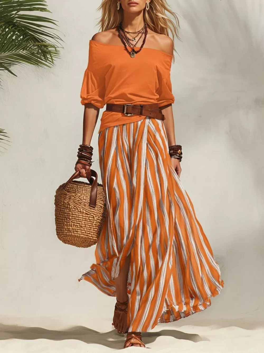 Off Shoulder Top and Striped Maxi Skirt Set, image 8