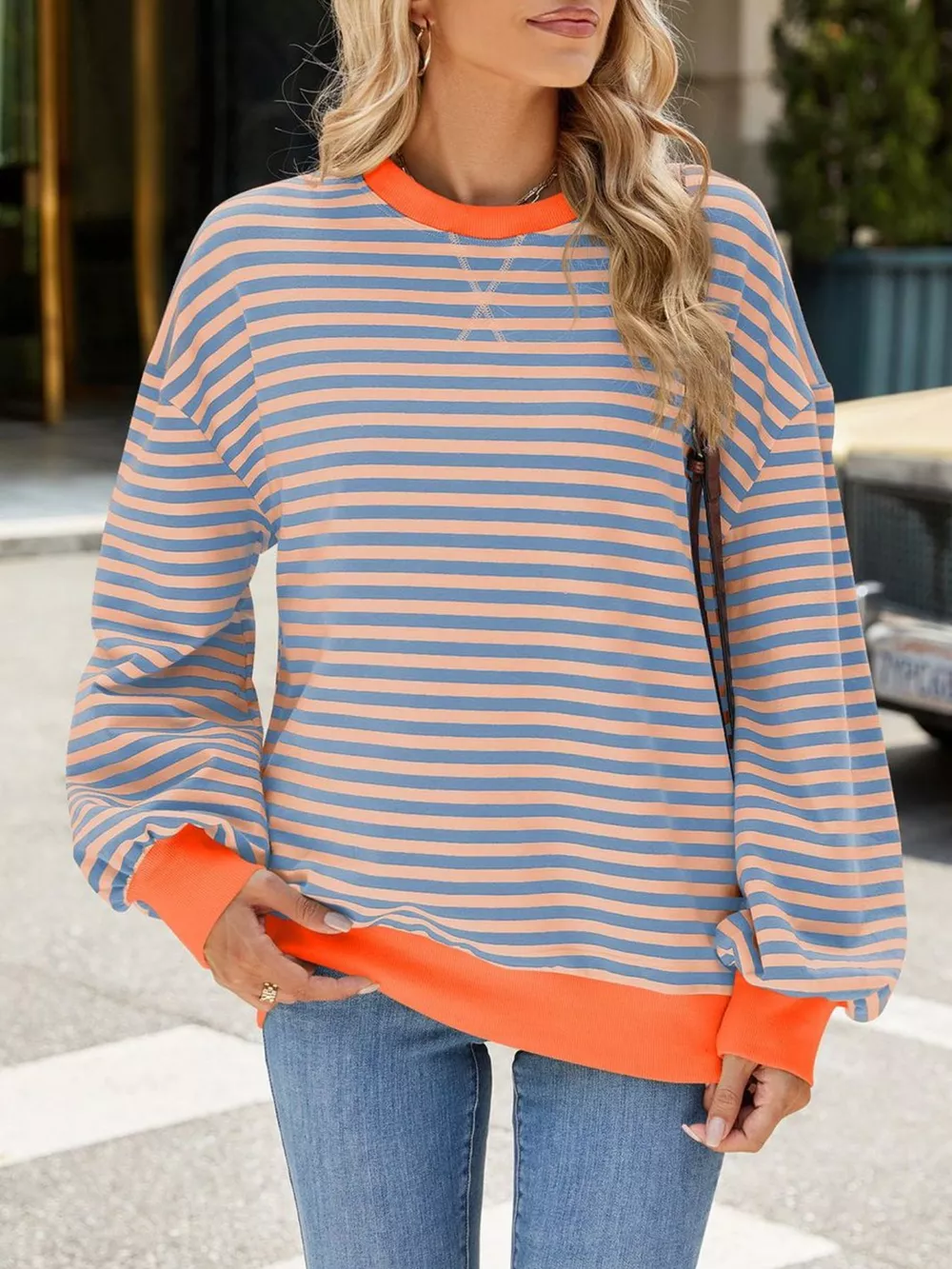 Striped Crew Neck Long Sleeve Sweatshirt, image 5