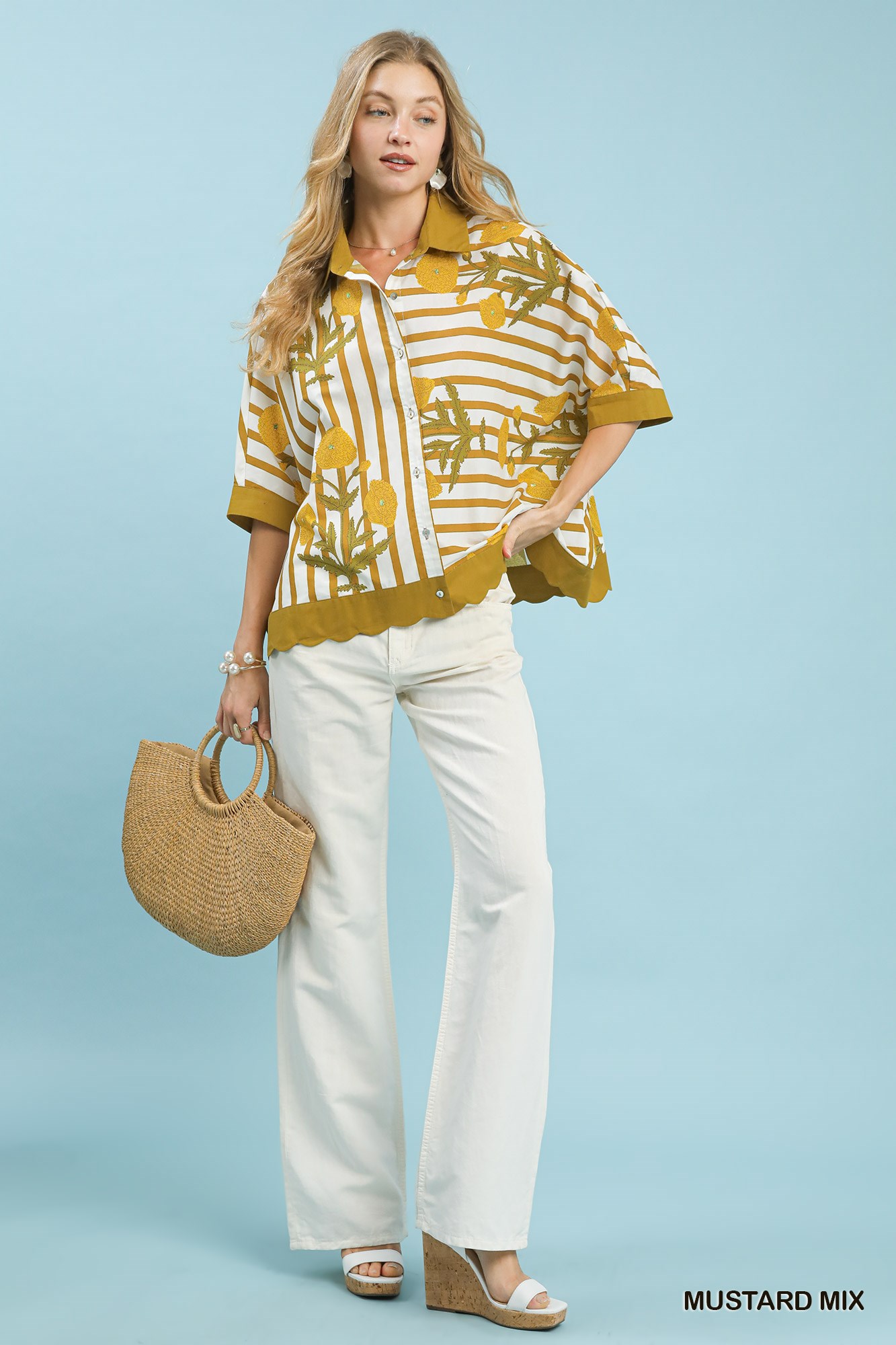 Mix Floral Stripe Button Down Top, image 2