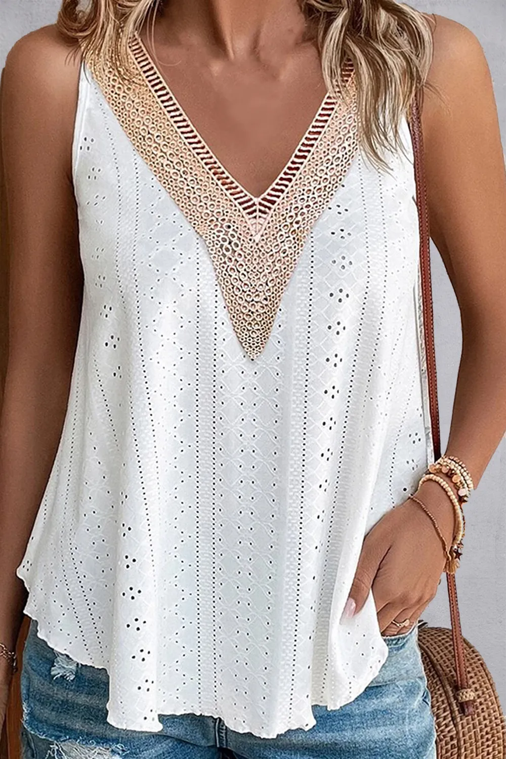 Lace Detail Eyelet V-Neck Tank, image 2