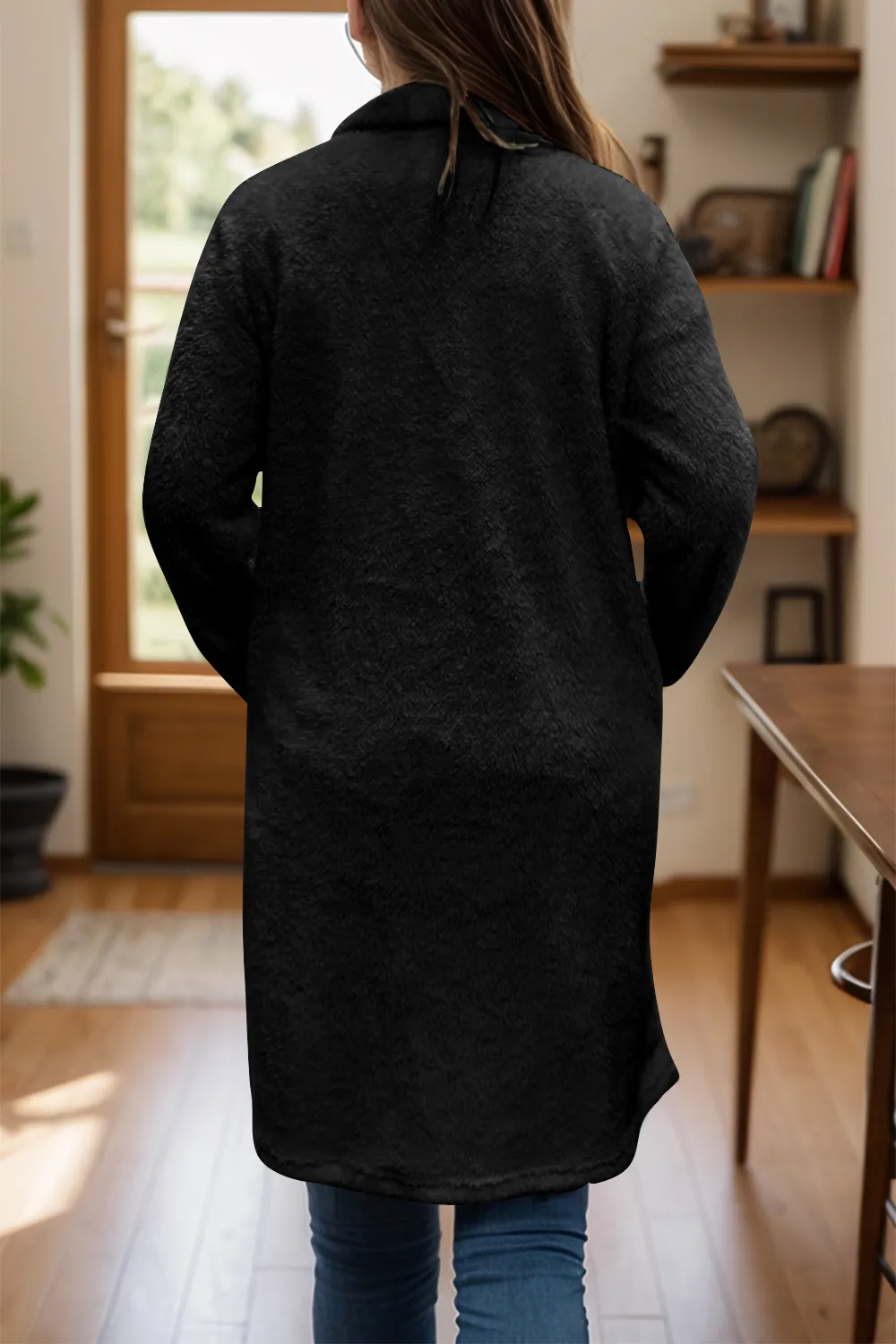 Full Size One Button Long Sleeve Longline Plush Coat, image 8