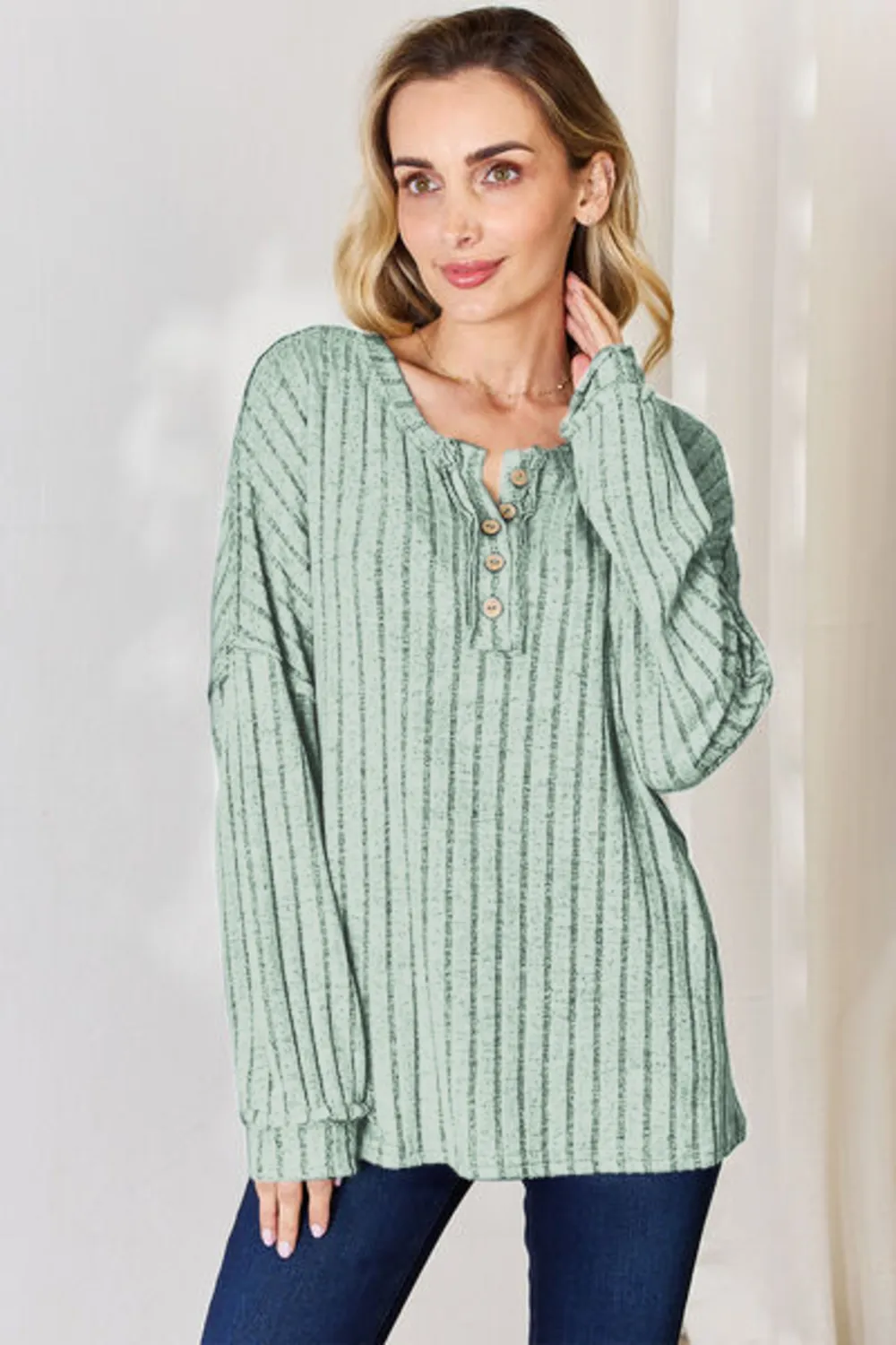 Full Size Ribbed Half Button Long Sleeve T-Shirt, image 3