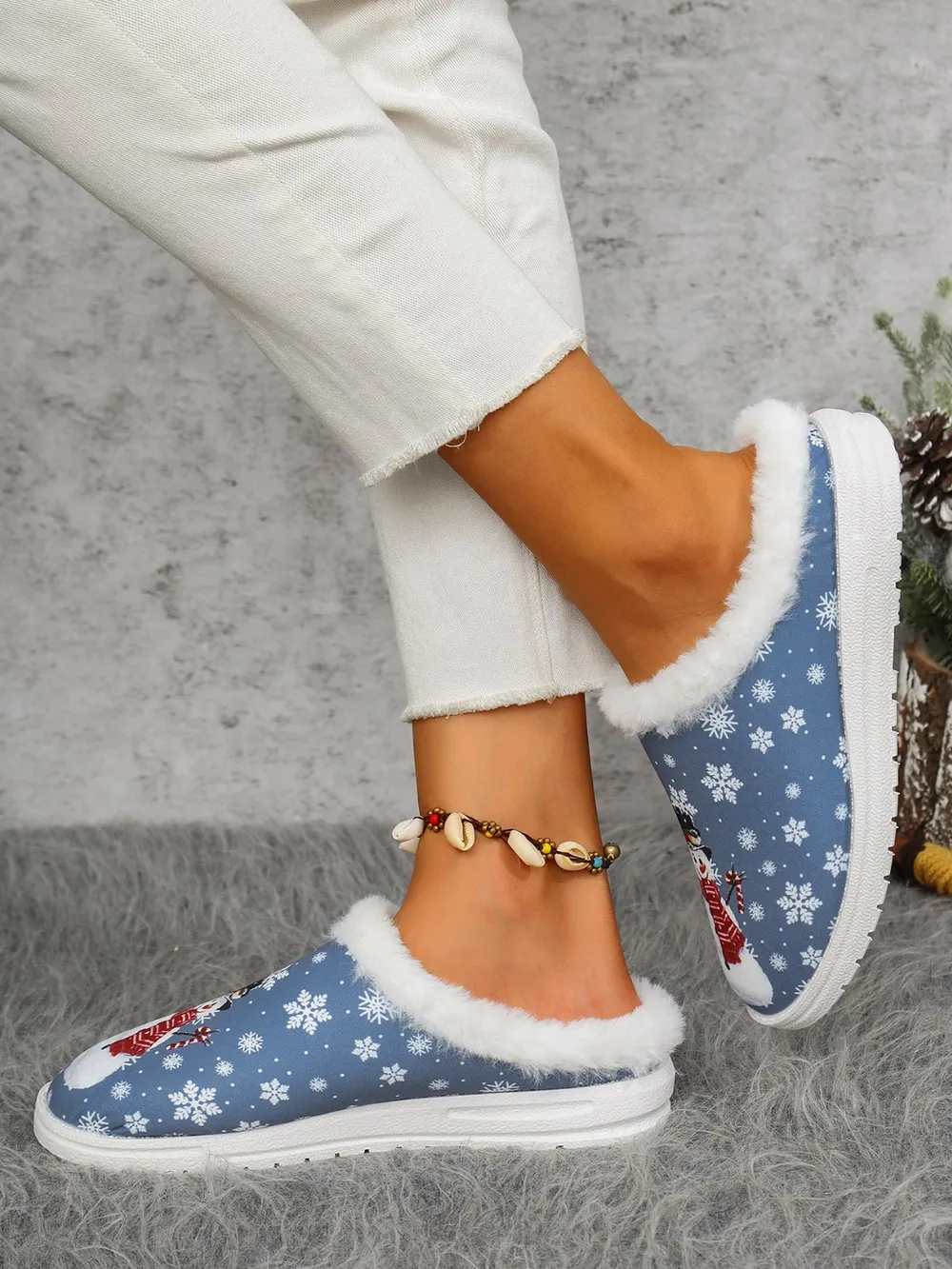 Snowman Print Flat Slippers with Faux Fur, image 4