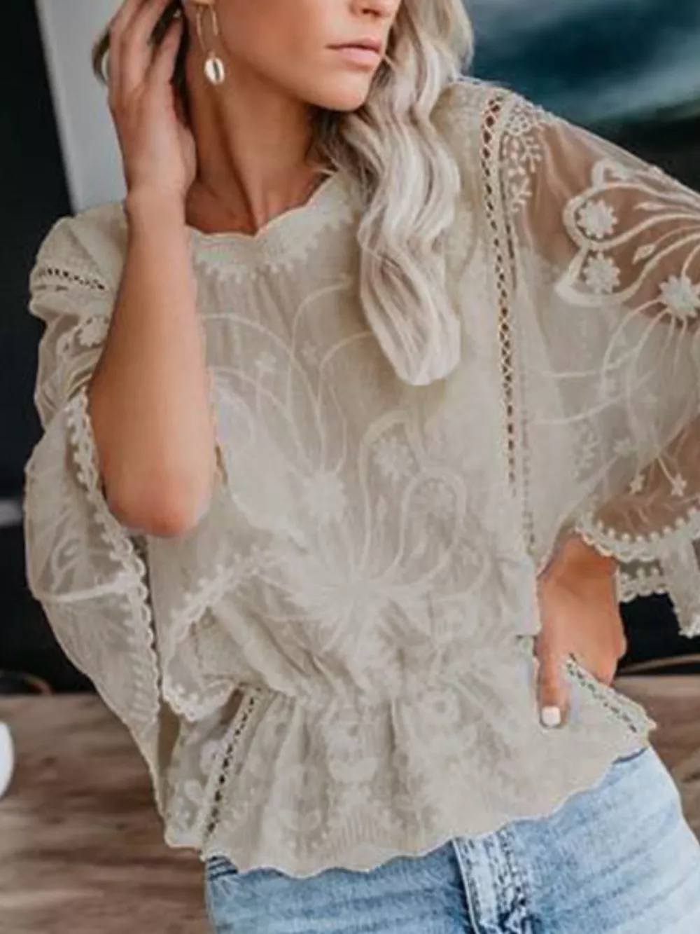 Lace Sheer Sleeve Blouse, image 2