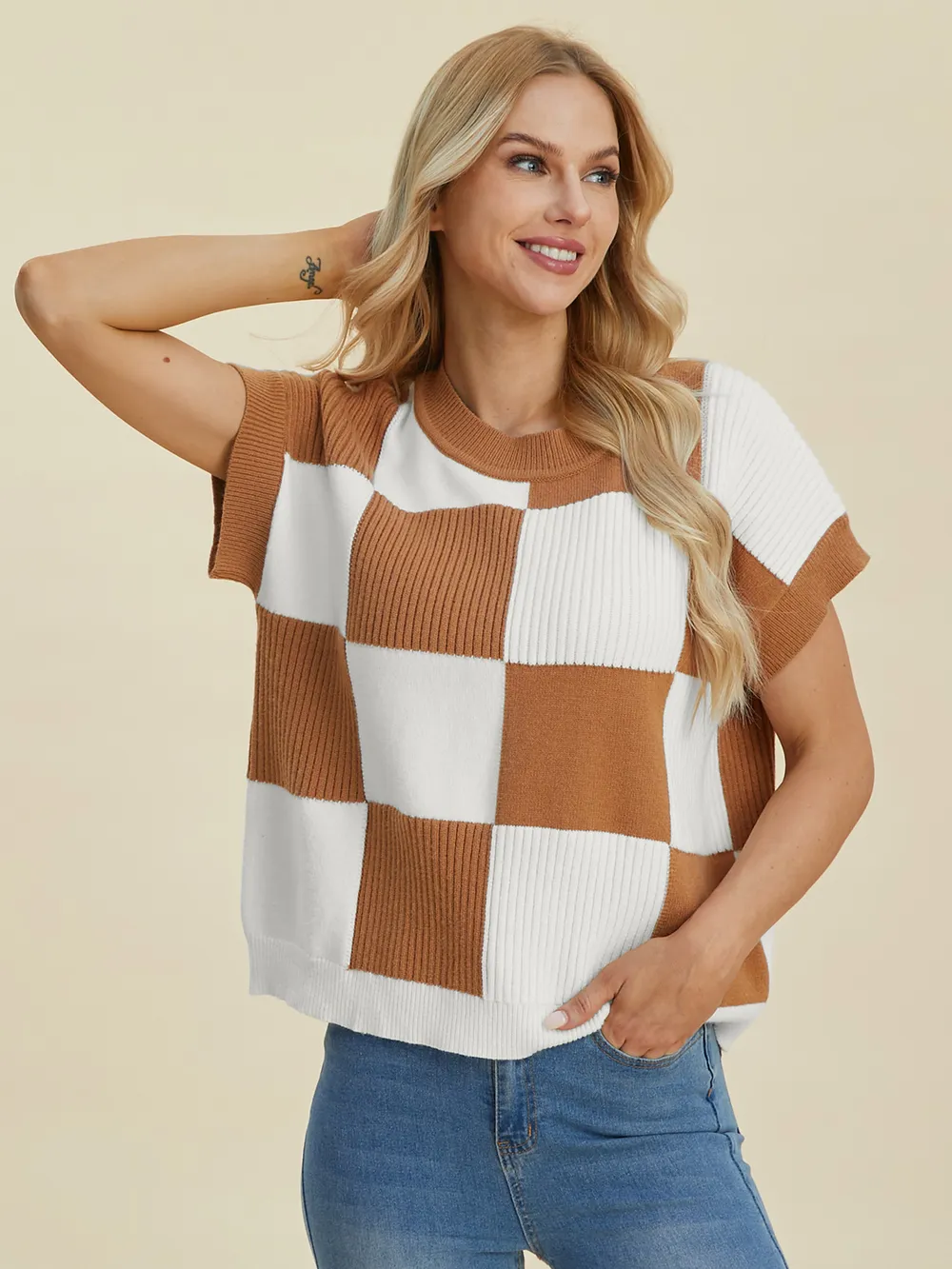 Full Size Checkered Round Neck Short Sleeve Sweater, image 10