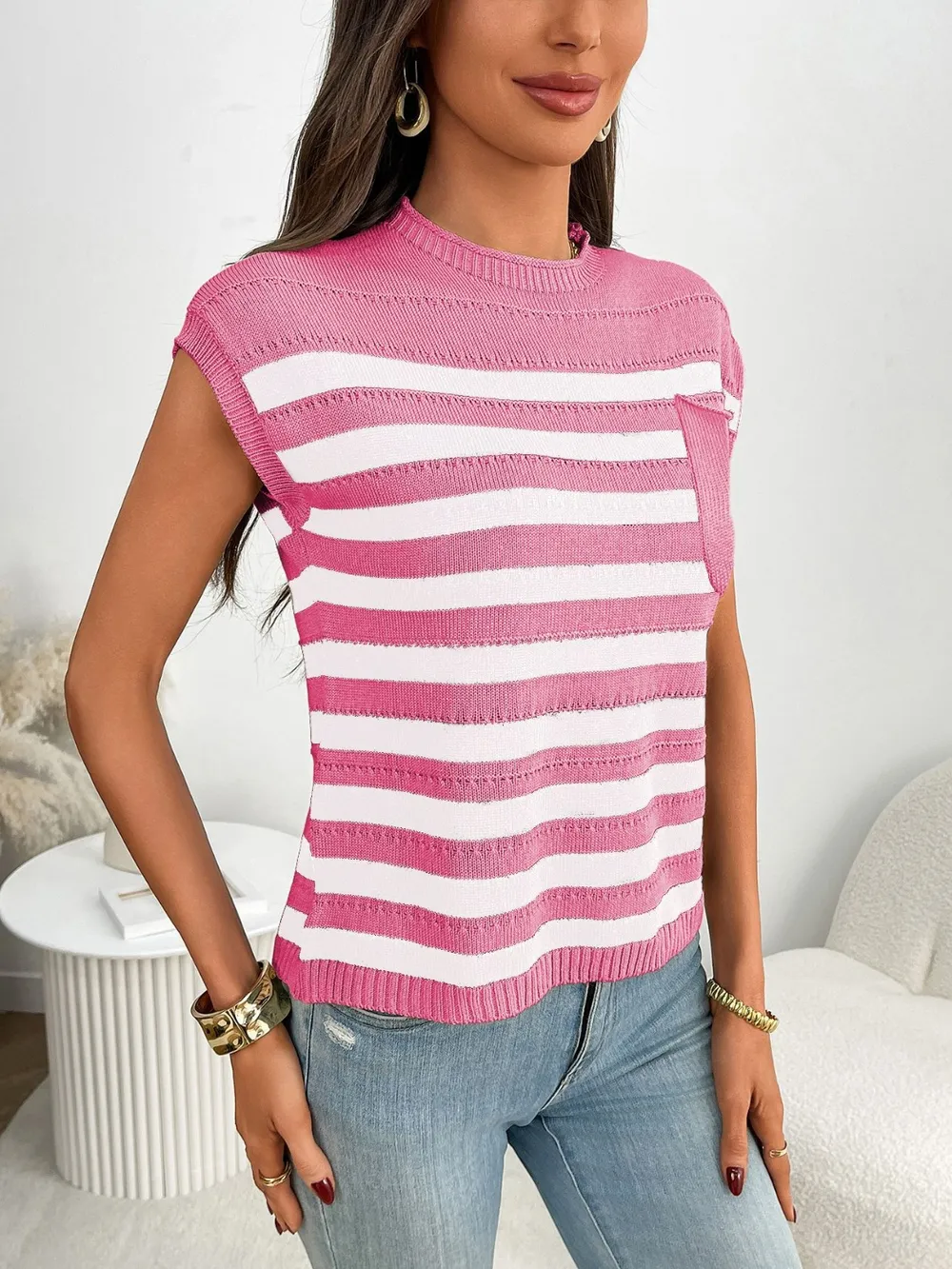 Striped Mock Neck Cap Sleeve Knit Top, image 3