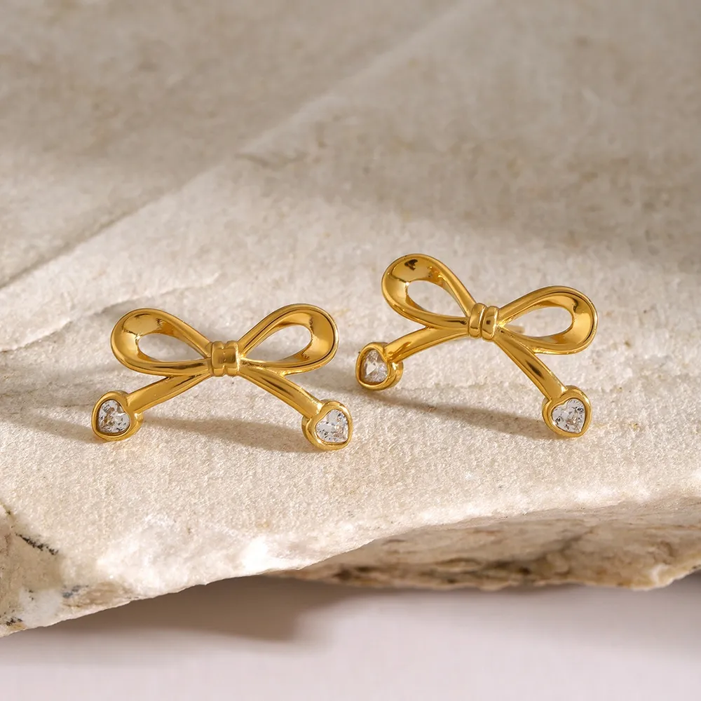 Stainless Steel Inlaid Zircon Bow Earrings, image 3