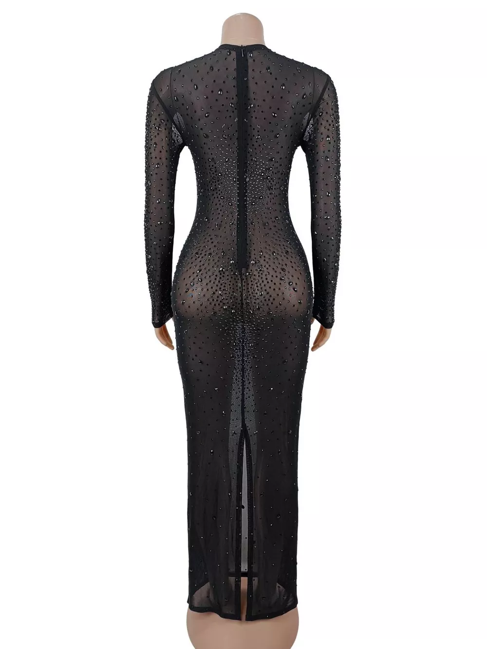 Sheer Mesh Rhinestone Embellished Long Sleeve Evening Dress, image 6