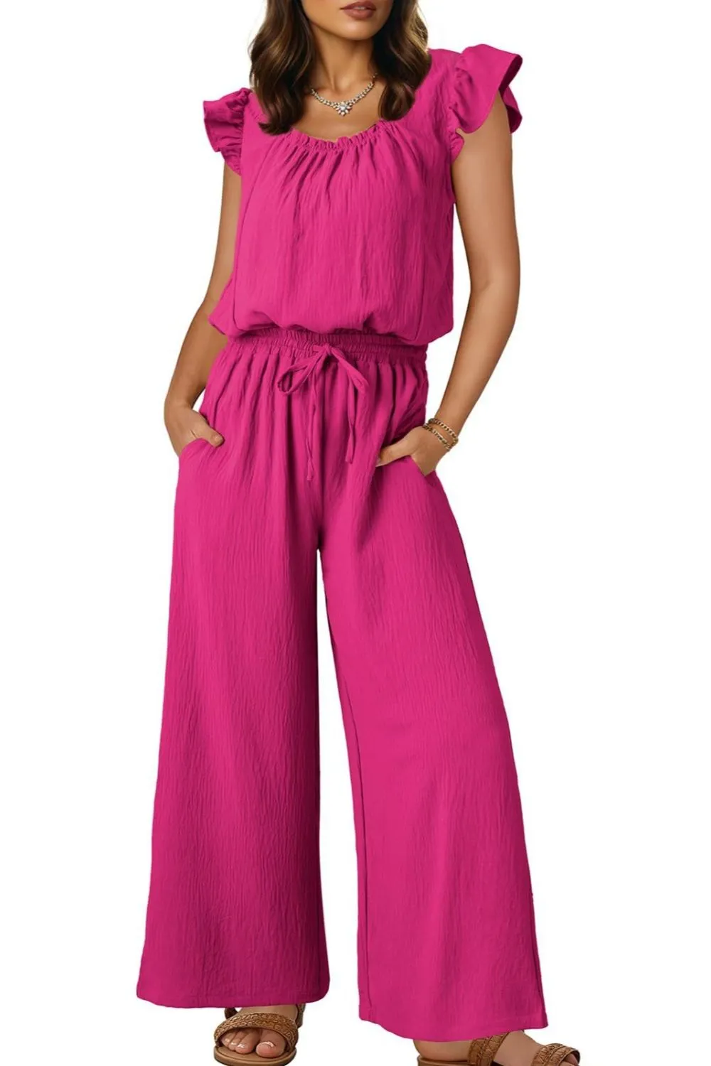 Ruffled Cap Sleeve Wide Leg Jumpsuit, image 6