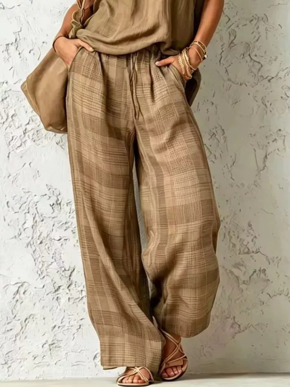 Full Size Sleeveless Cowl Neck Top and Plaid Wide-Leg Pant Two-Piece Set Plus Size, image 7