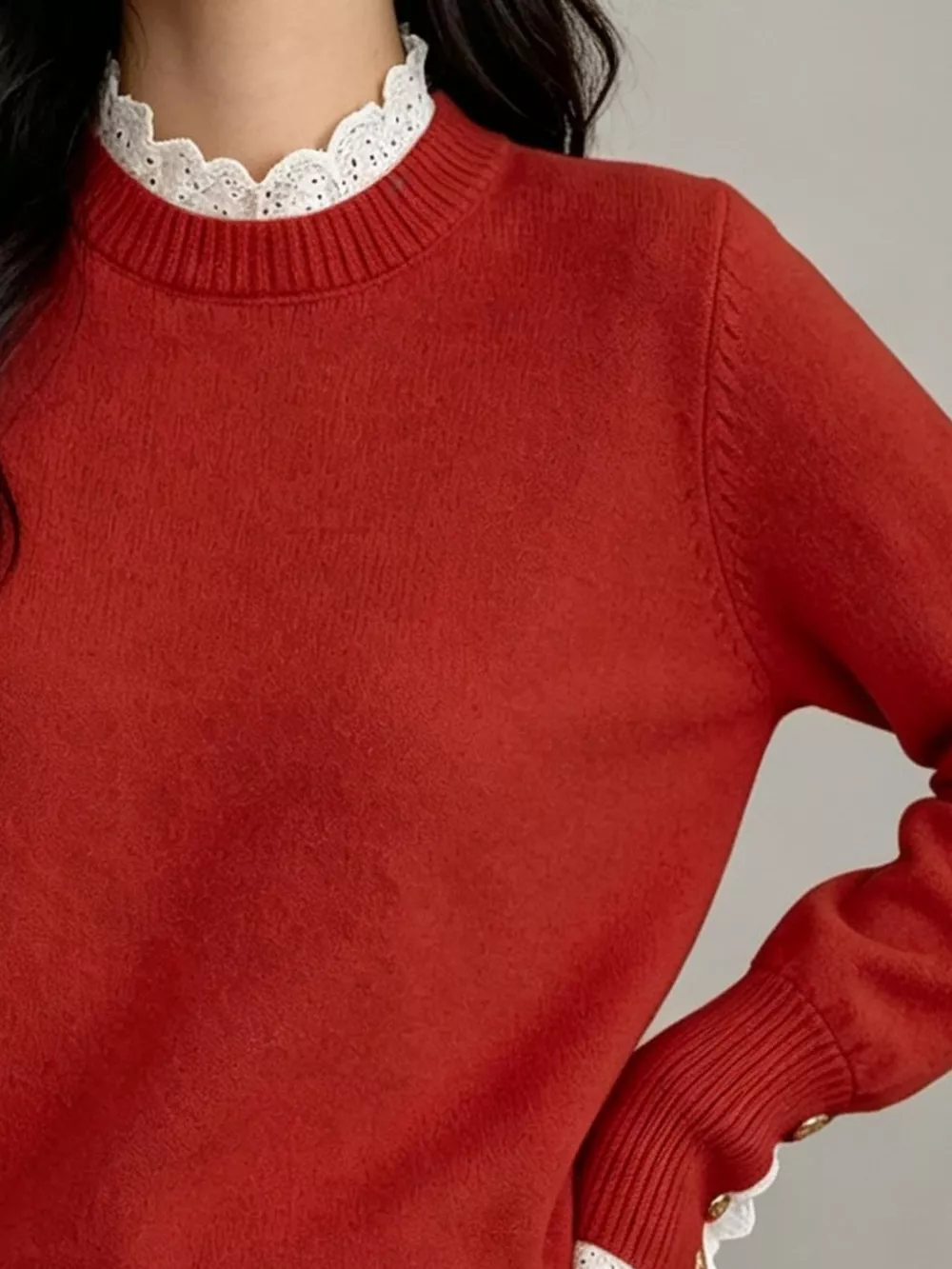 Lace Trim Mock Neck Sweater, image 6