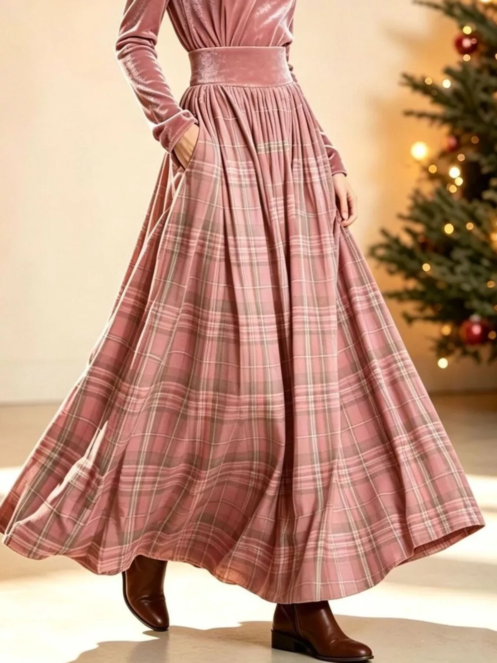 Velvet Turtleneck Top and Plaid Maxi Skirt Two-Piece Set, image 2