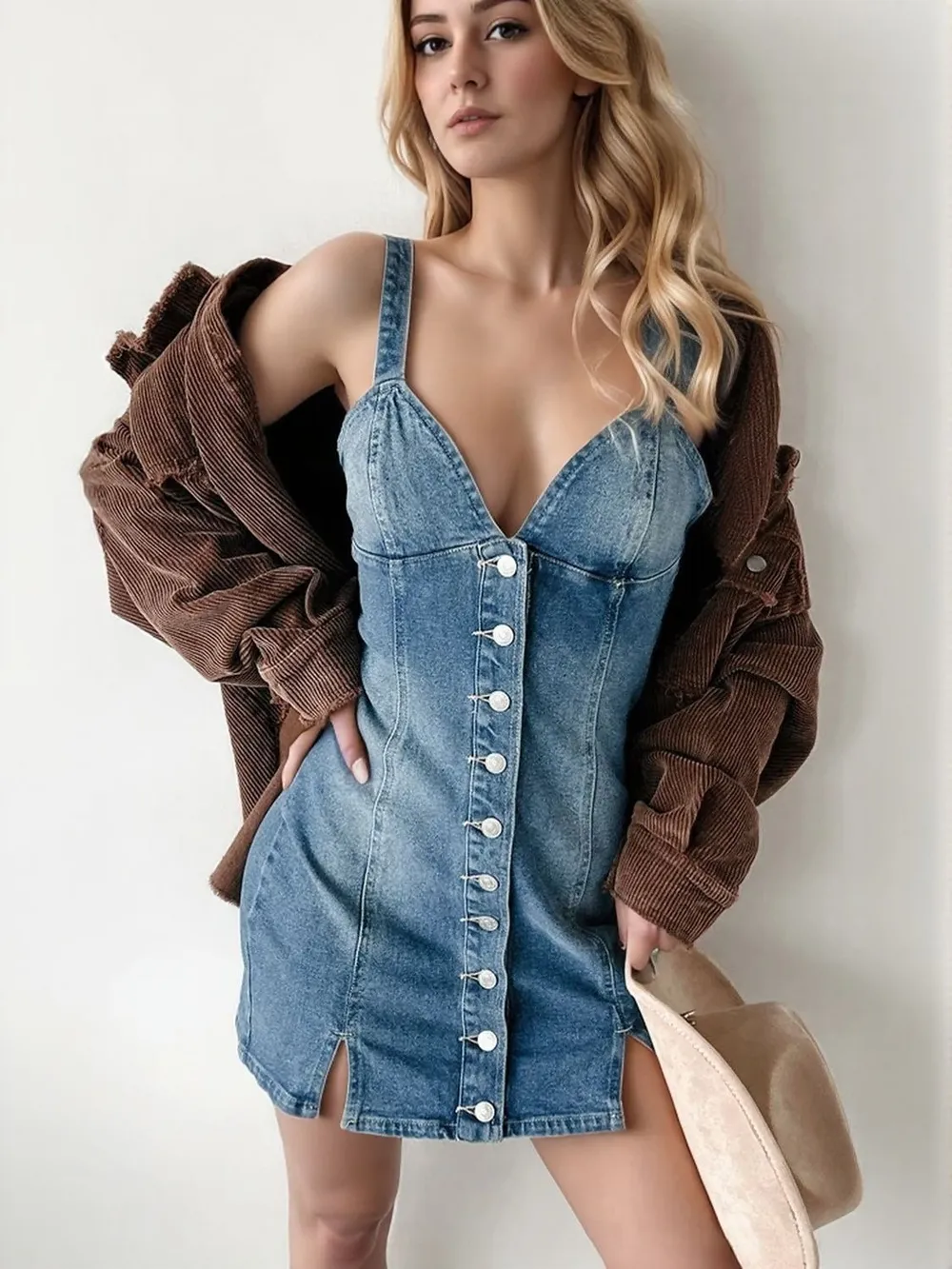 Button Down Mini Cami Denim Dress, image 2