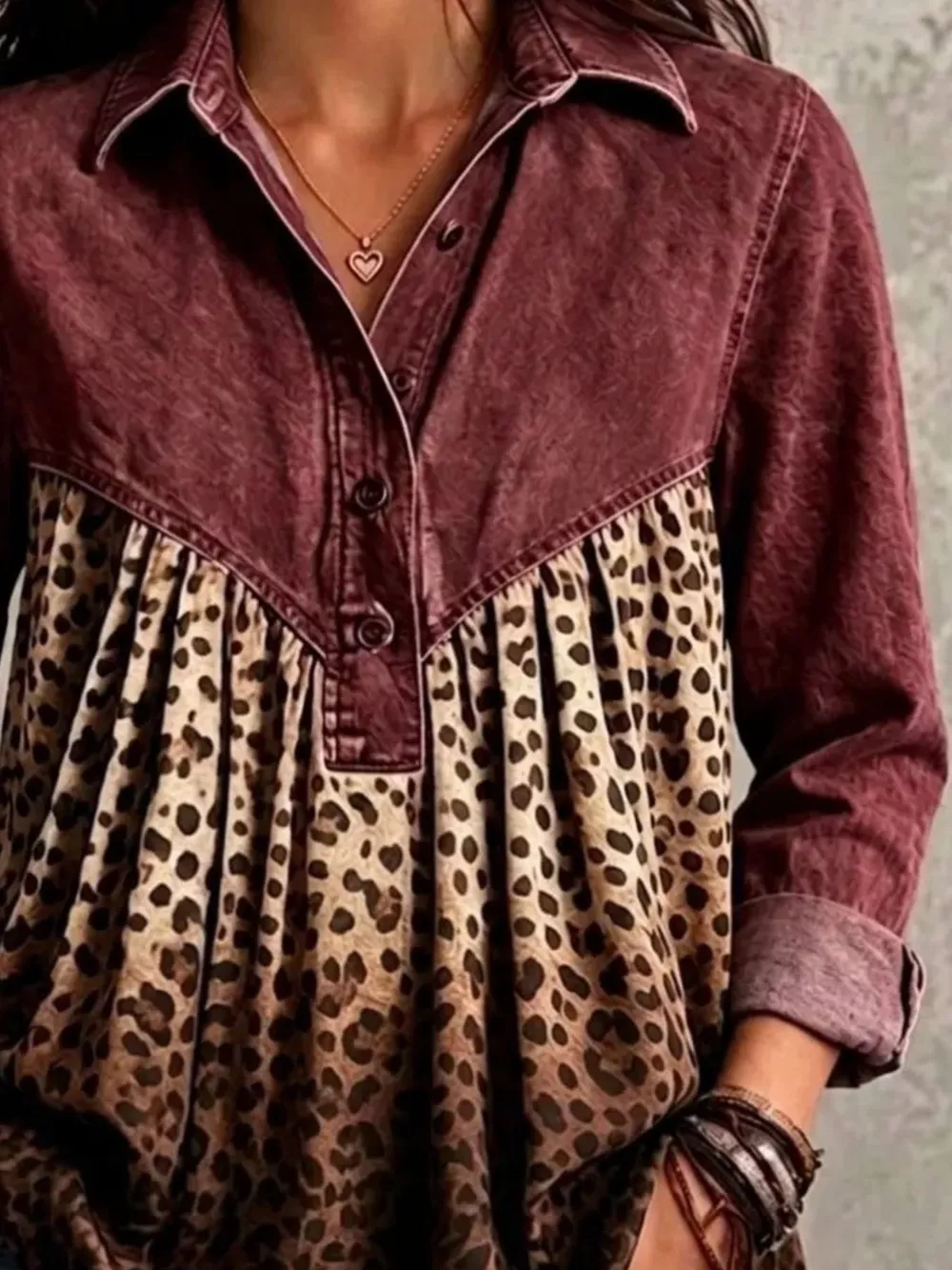 Full Size Leopard Button Detail Blouse Plus Size, image 18