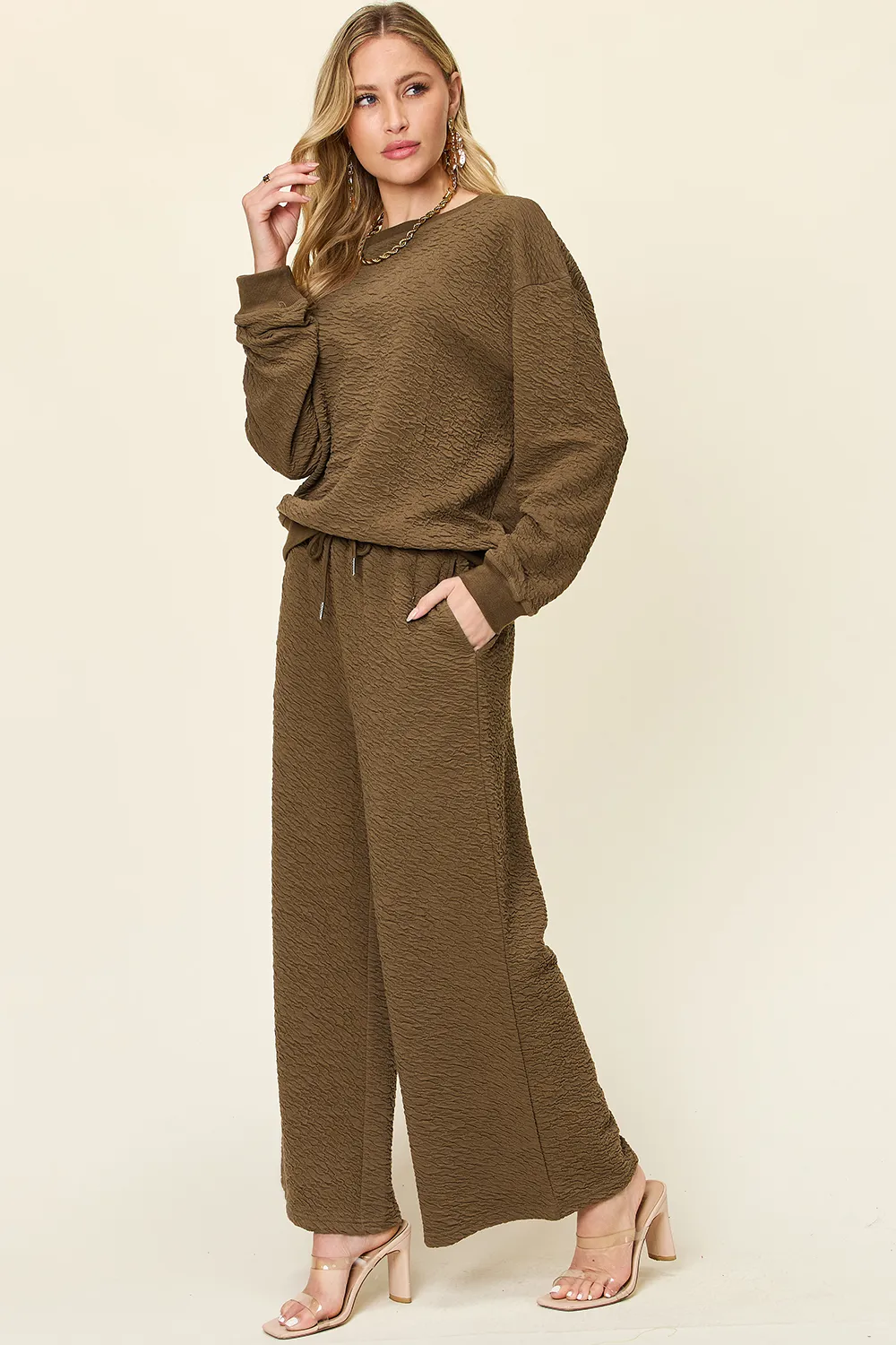 Full Size Texture Long Sleeve Top and Pants Set, image 4