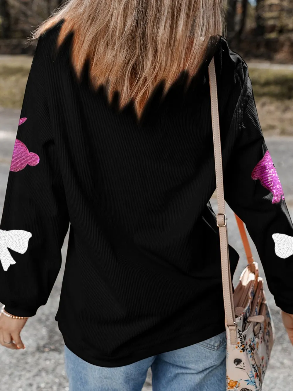 Sequin Bunny Bow Easter Corded Rib Sweatshirt, image 2