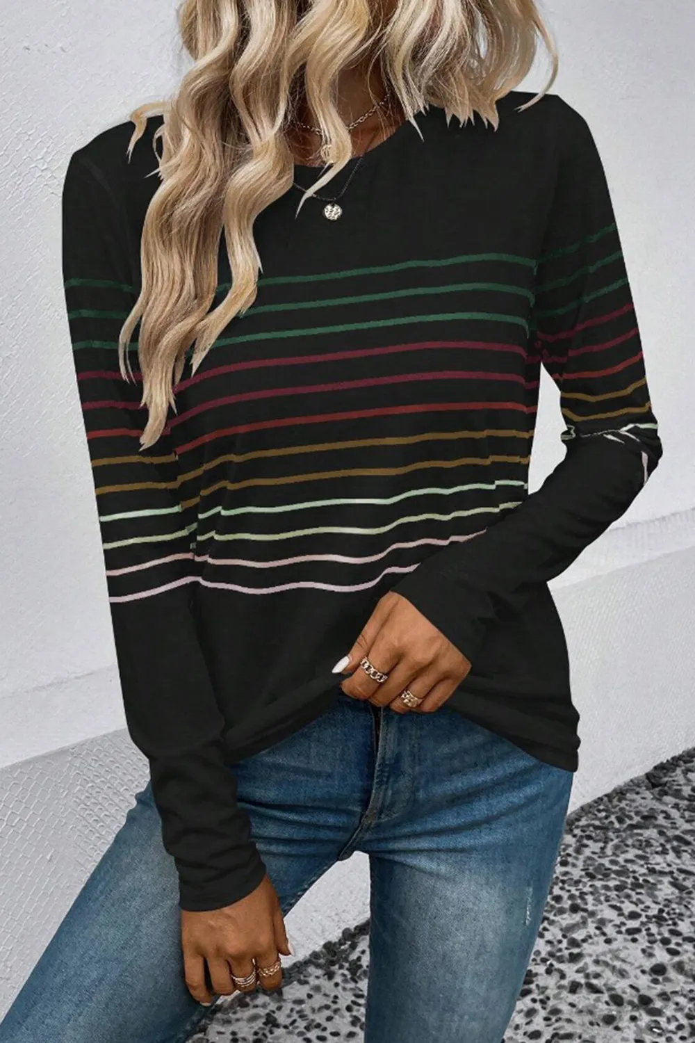 Striped Round Neck Long Sleeve T-Shirt, image 2