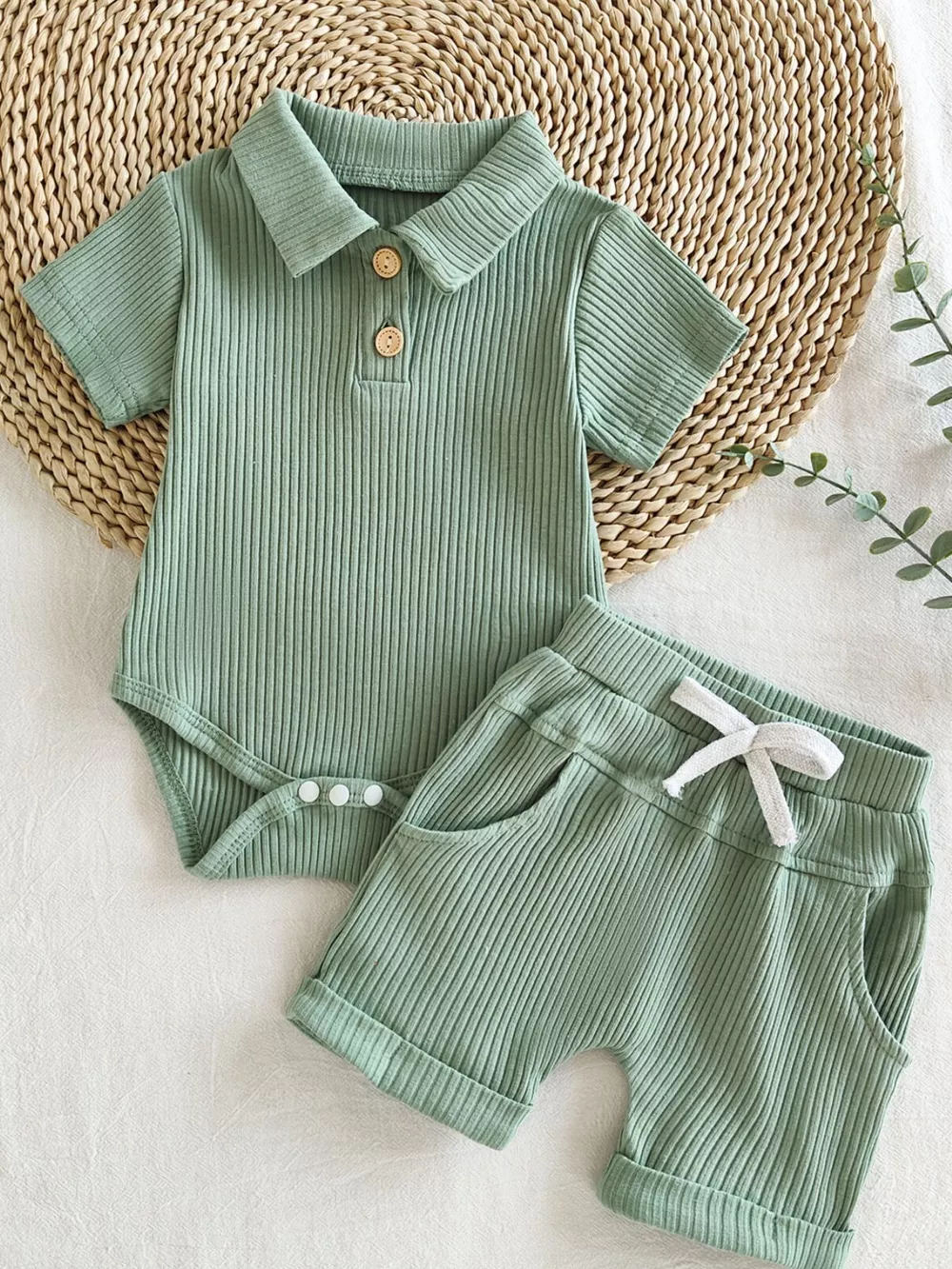 Children's Ribbed Knit Polo Bodysuit & Shorts Set, image 2