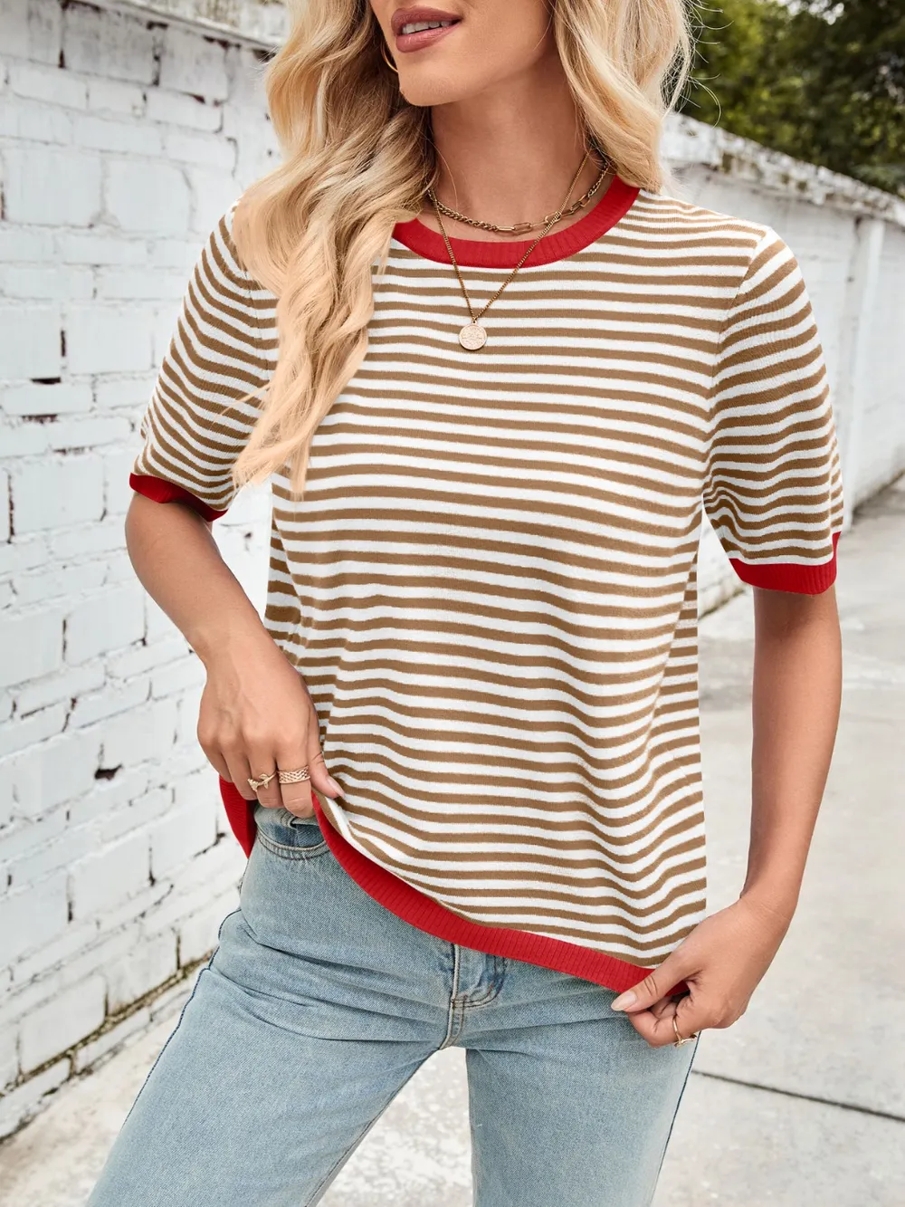 Striped Contrast Round Neck Half Sleeve Knit Top, image 27