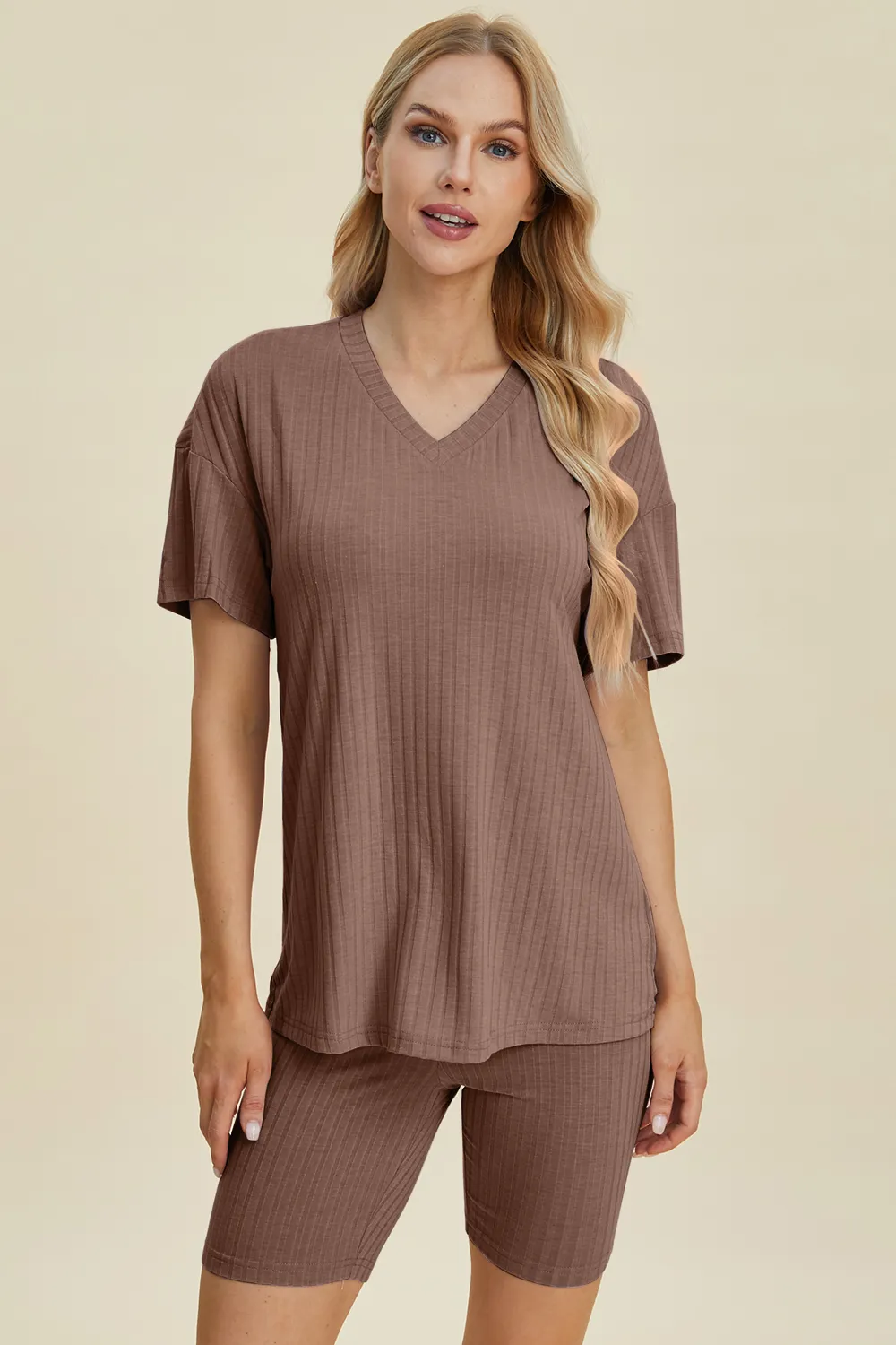 Full Size Ribbed V-Neck Short Sleeve Top and Shorts Set, image 4