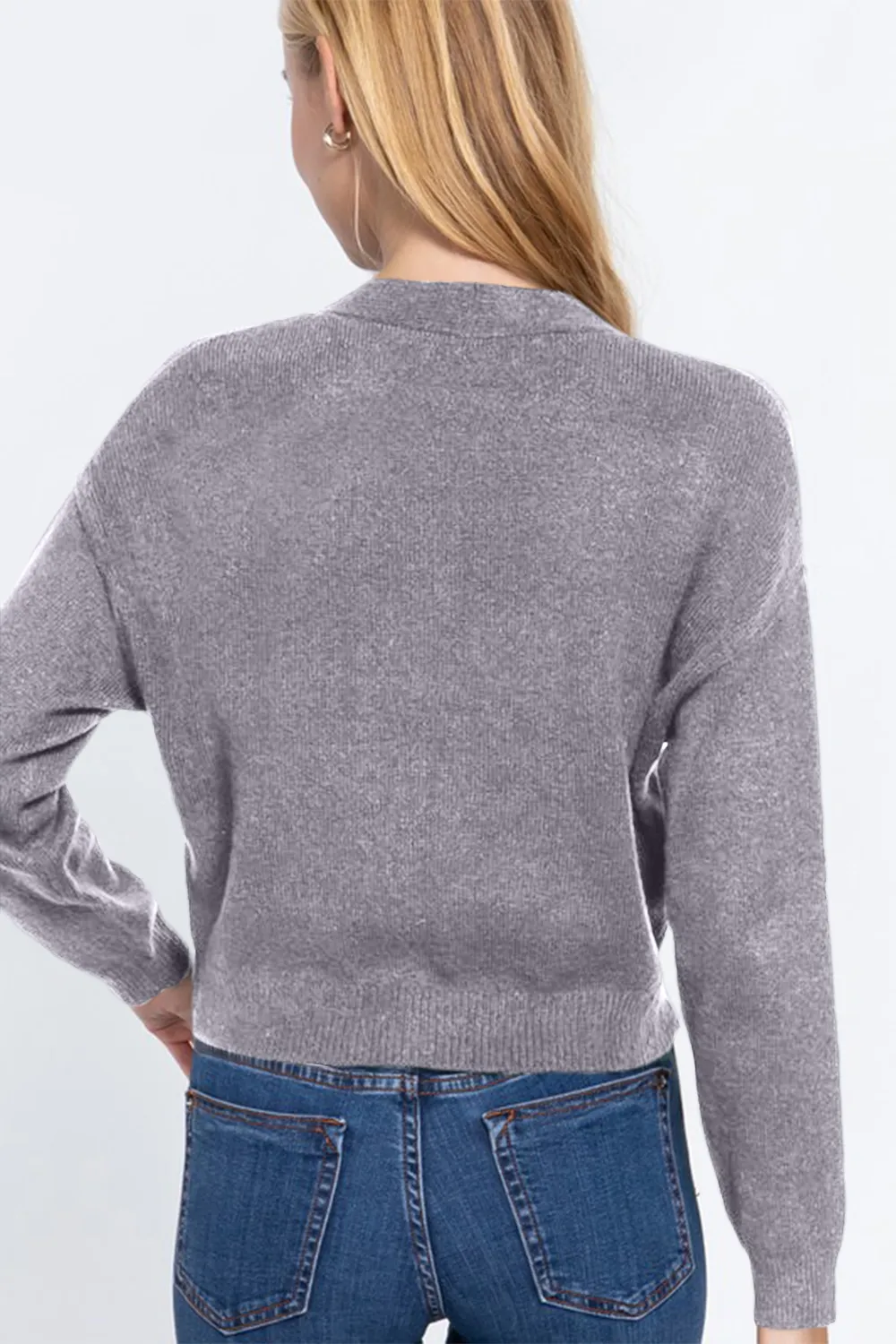 V-Neck Button Up Long Sleeve Knit Cardigan, image 2