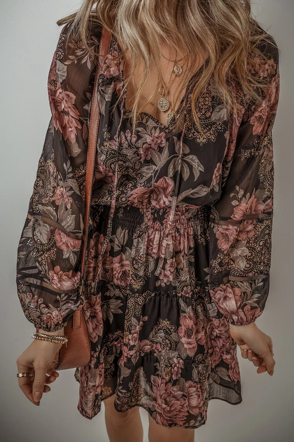 Floral Print Tie Neck Mini Dress, image 3